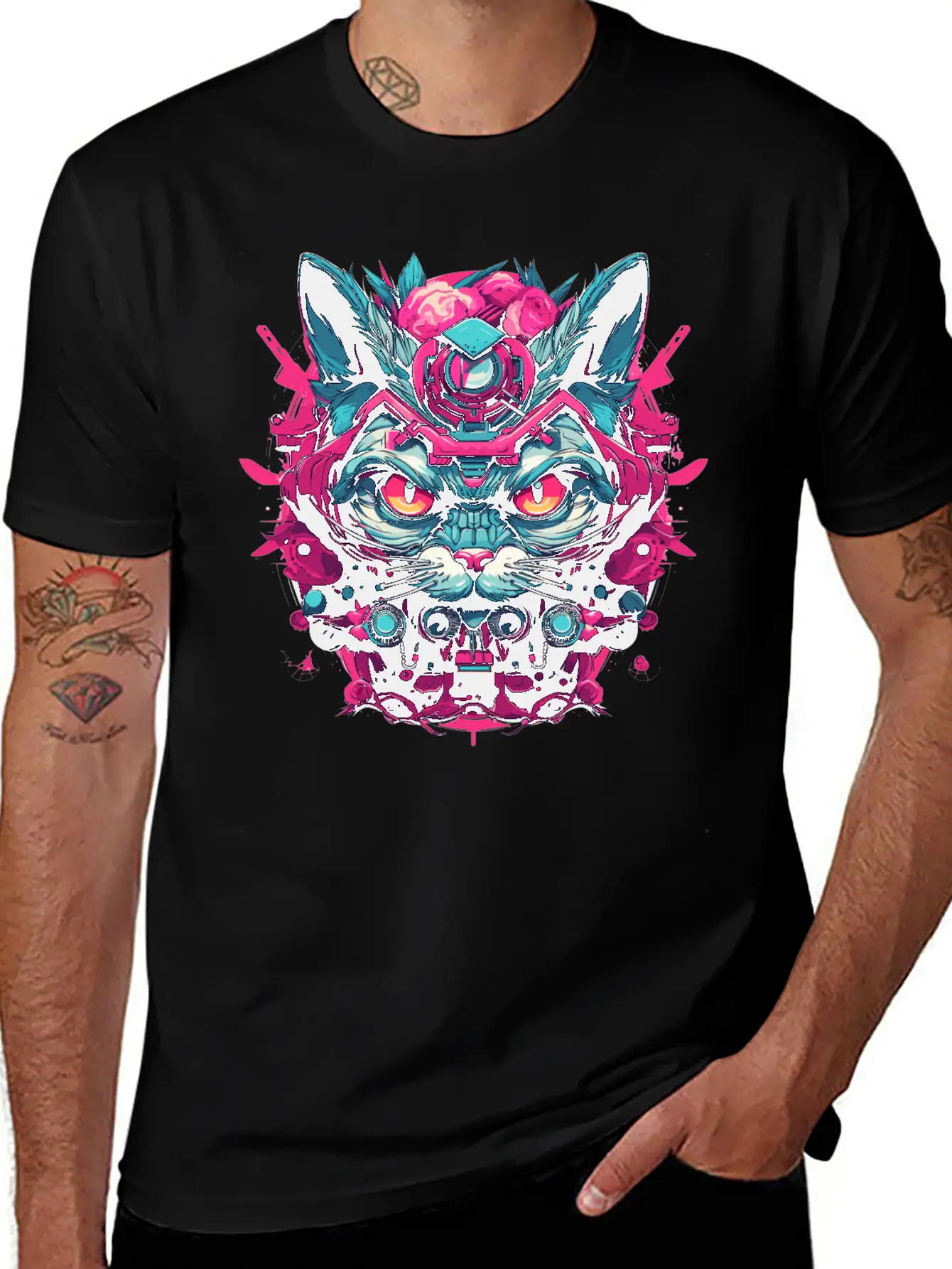A Funny Cat Mascot Design In Cyberpunk Style Essential Cotton Tee For Daily Outfits – Unisex Style