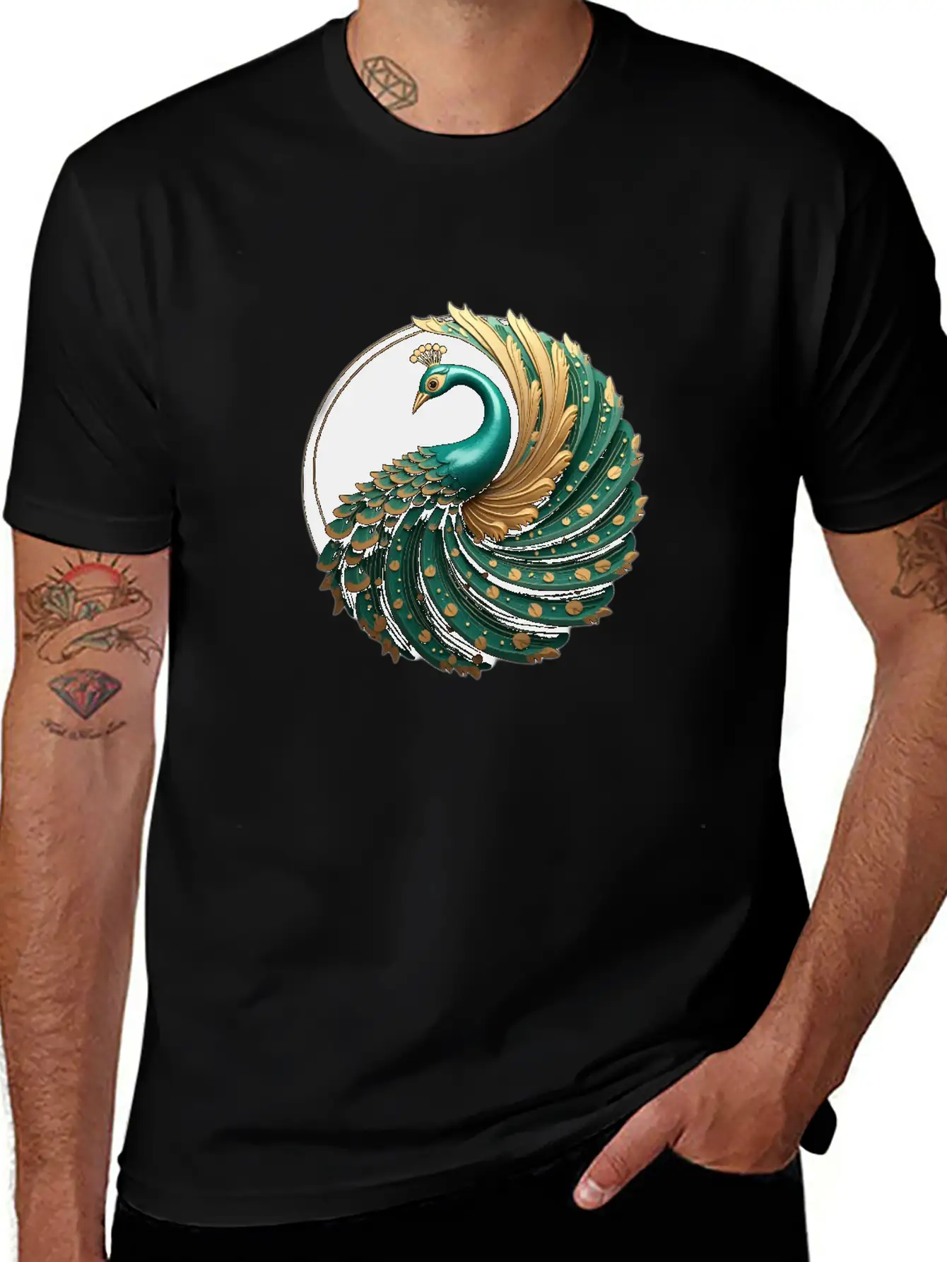 Art Deco Peacock Elegance In Rich Colors Basic Graphic T-Shirt – Daily Comfort In Soft Cotton