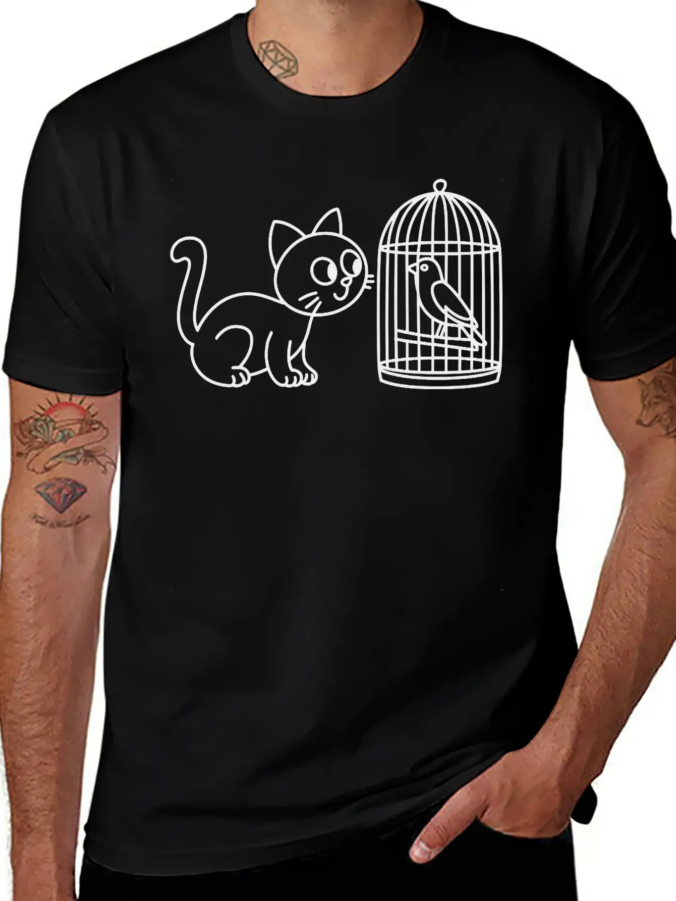 Cat Staring Into Birdcage Doodle Vector One Color Breathable Graphic T-Shirt – Perfect For Casual Days