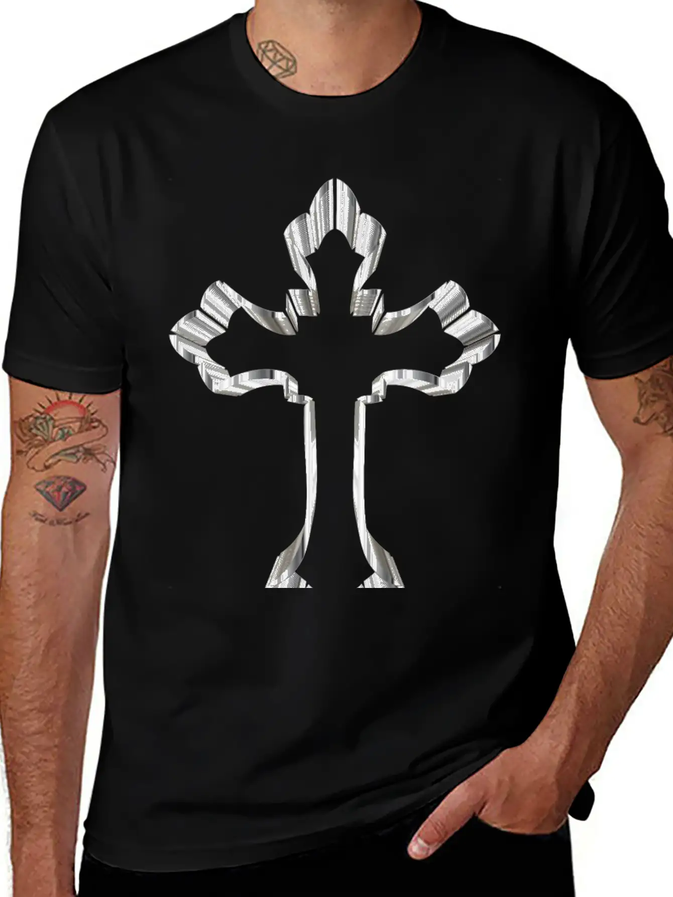Chrome Ornate Cross No Background Breathable Graphic T-Shirt – Perfect For Casual Days