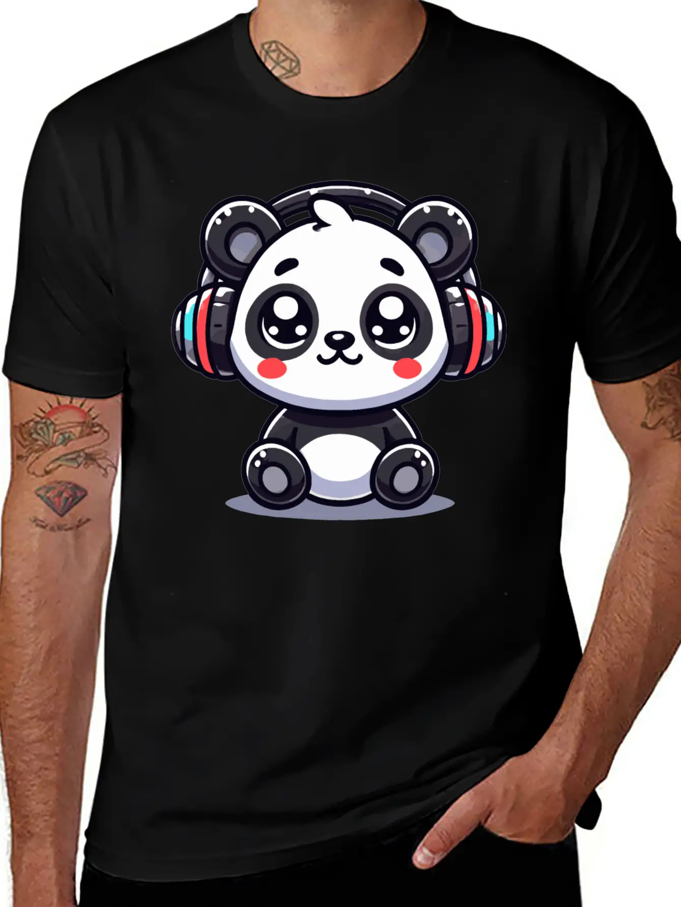 Cute Panda Headphone Motif Breathable Graphic T-Shirt – Perfect For Casual Days
