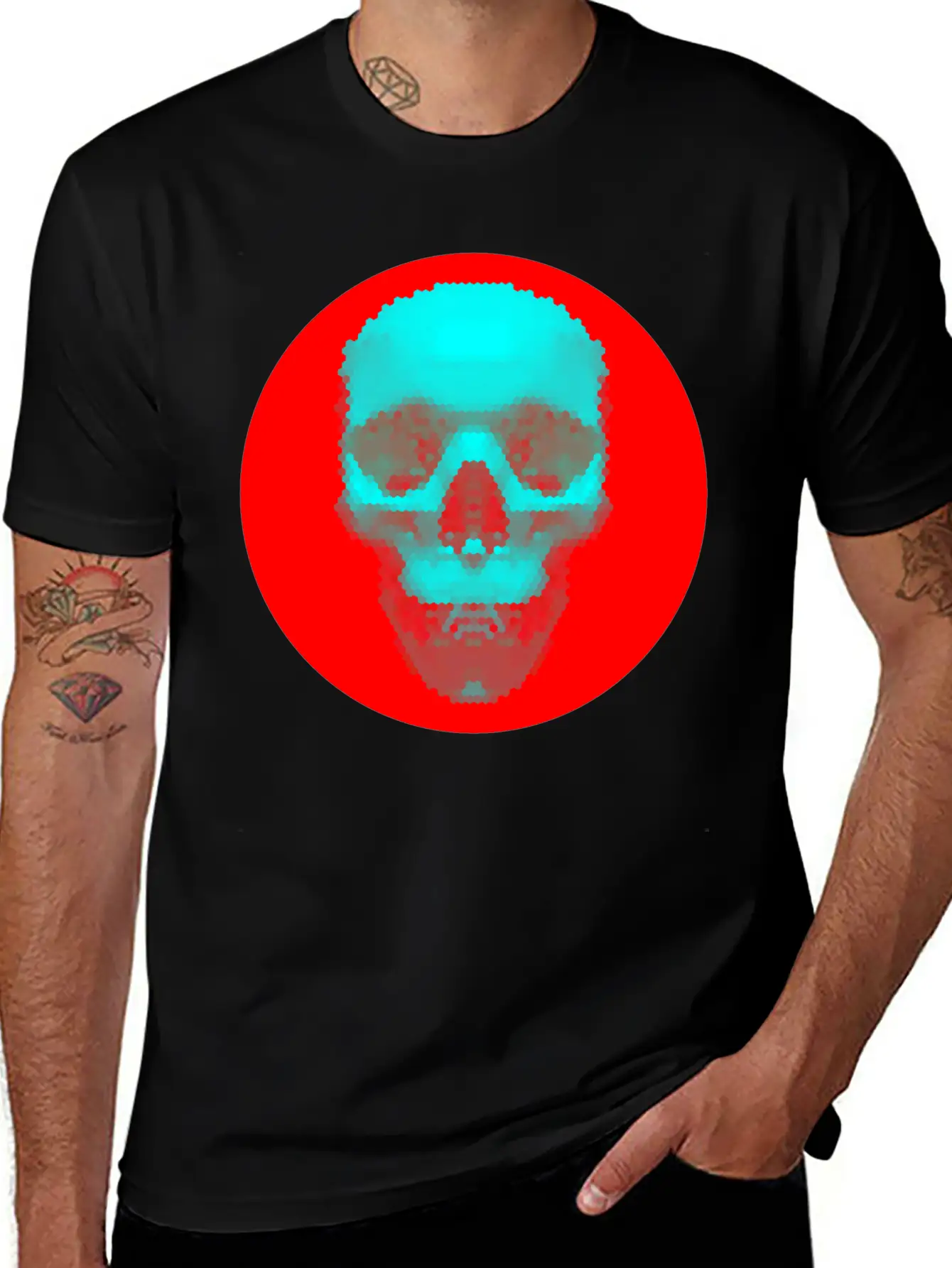 Hexagon Pattern Skull - Blue On Red Timeless Short Sleeve Tee – Comfy And Minimalist Design