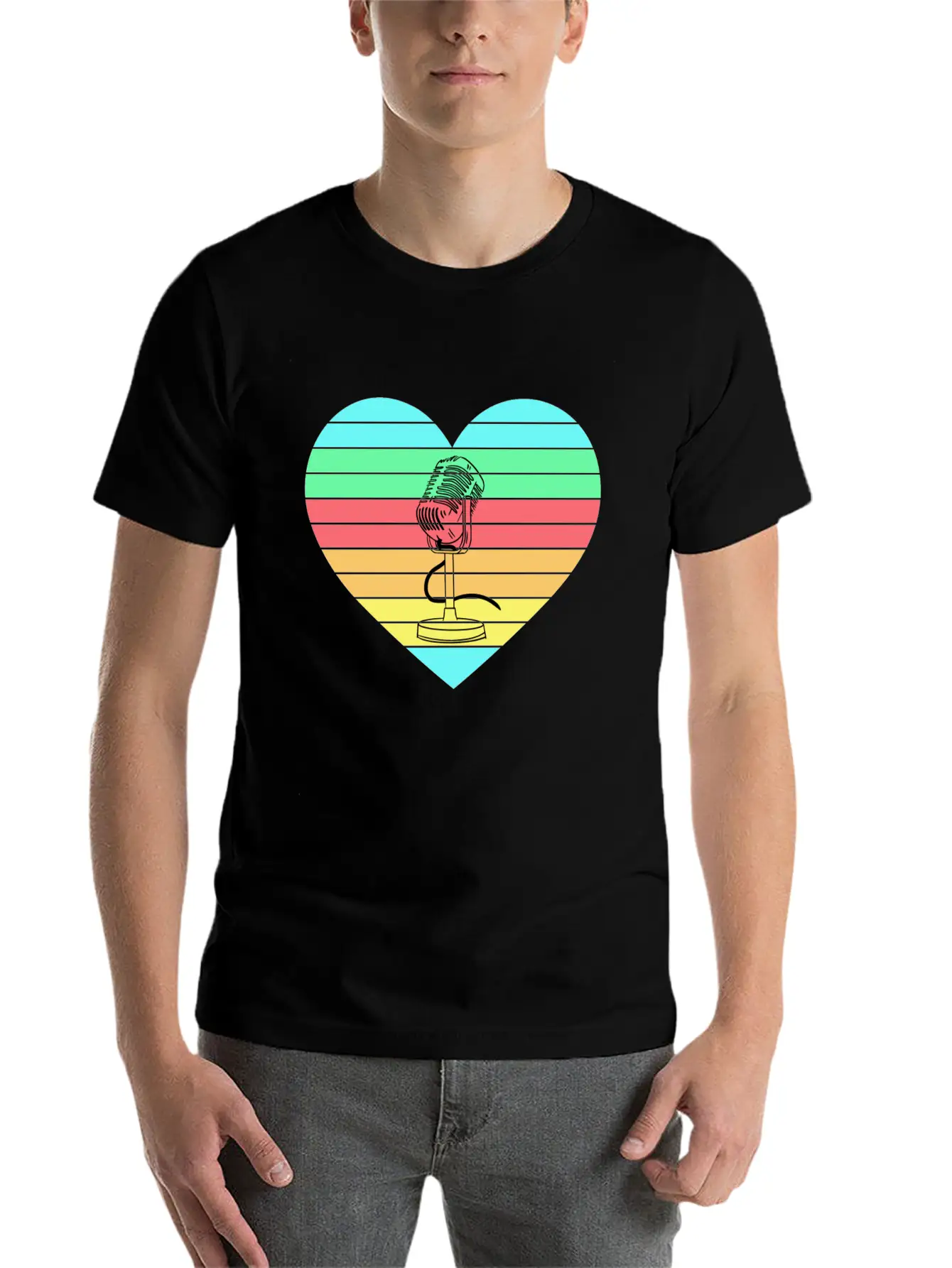Microphone Heart Rainbow Design Basic Graphic T-Shirt – Daily Comfort In Soft Cotton