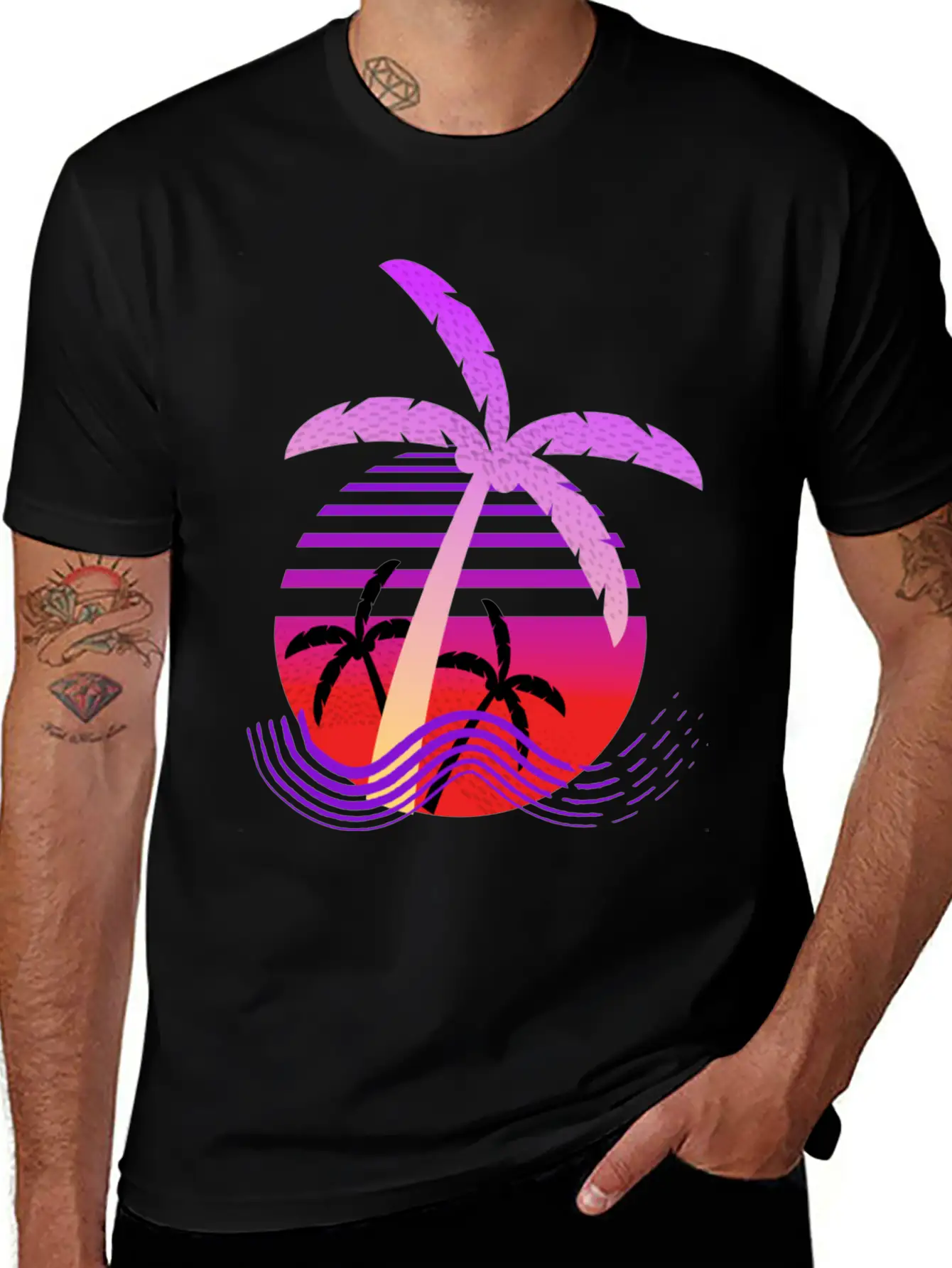 Purple Coconut Tree With Sunrise. Breathable Graphic T-Shirt – Perfect For Casual Days