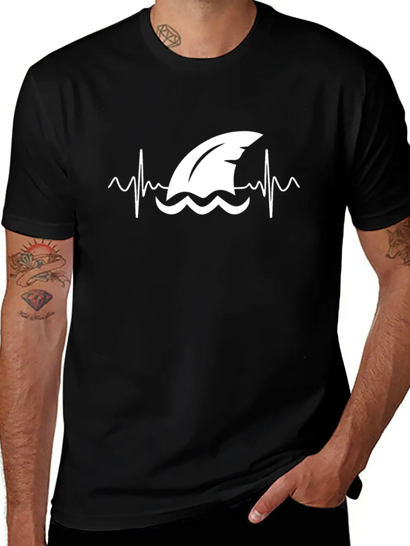 Shark Heart Line Diver Shark Fin Heartbeat Basic Graphic T-Shirt – Daily Comfort In Soft Cotton