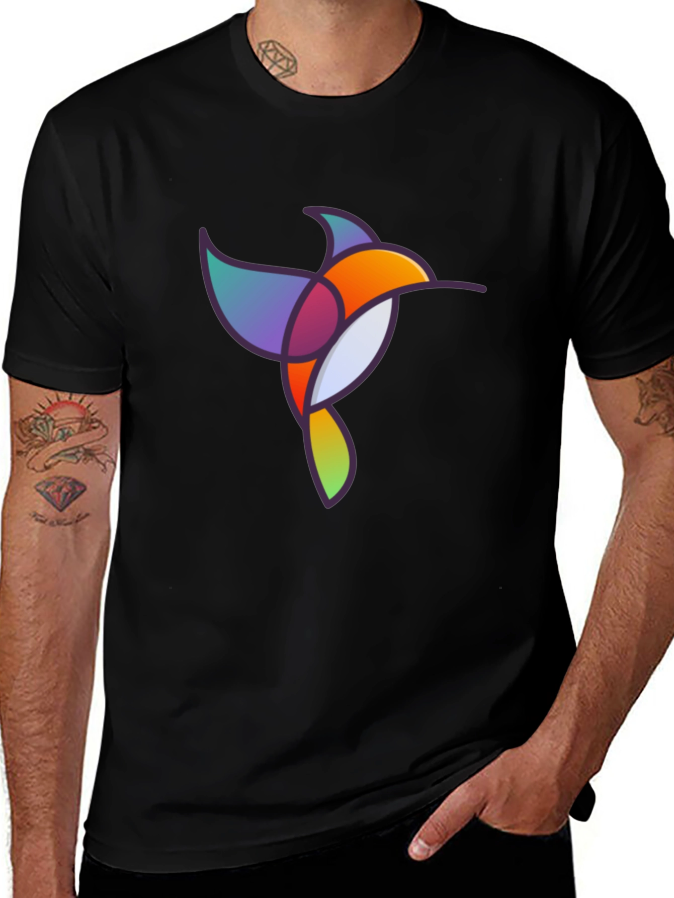 Abstract Geometric Hummingbird Graphic Tee - Black