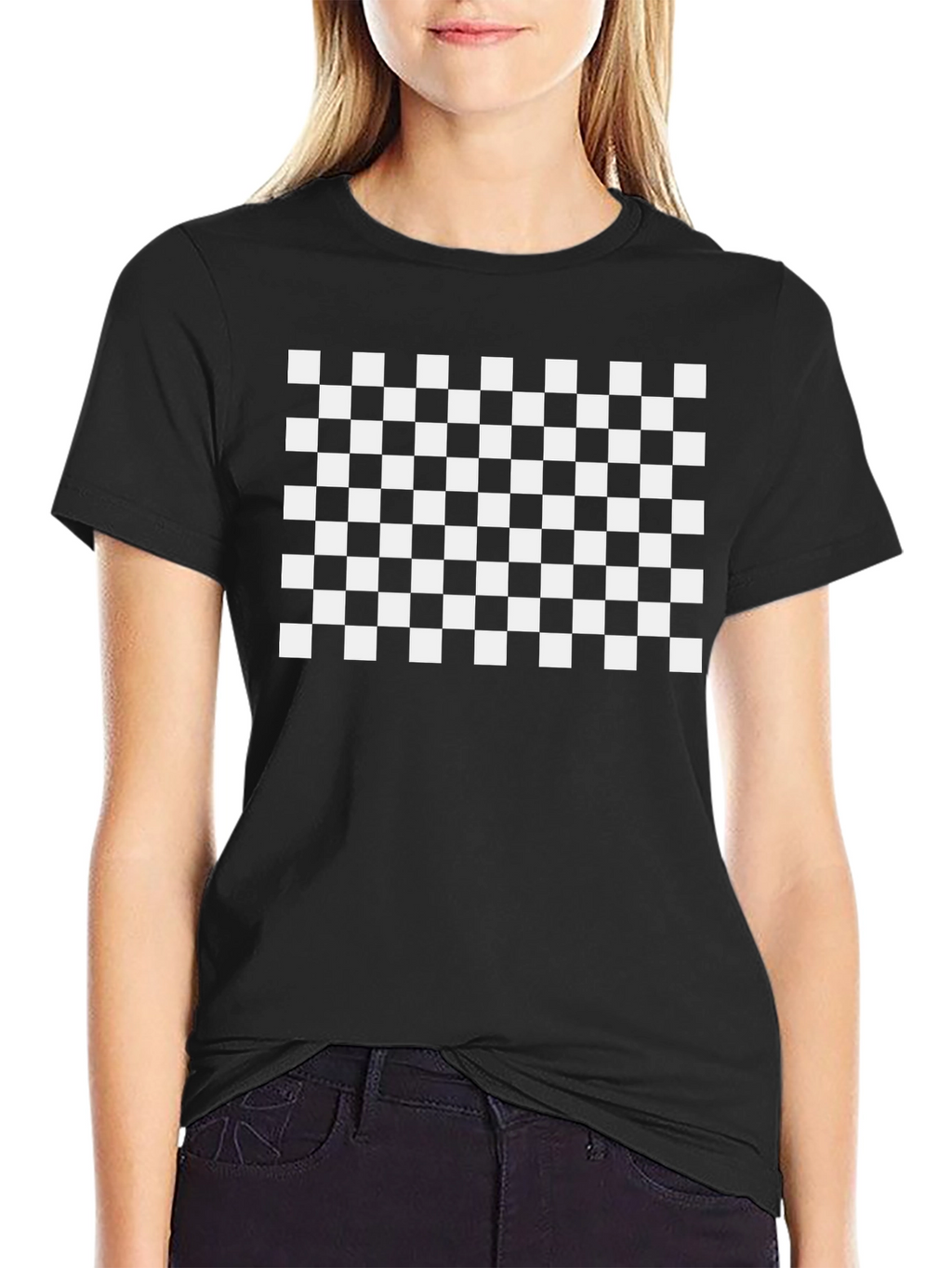 Checkered Graphic Tee - Black Cotton Blend Casual Shirt
