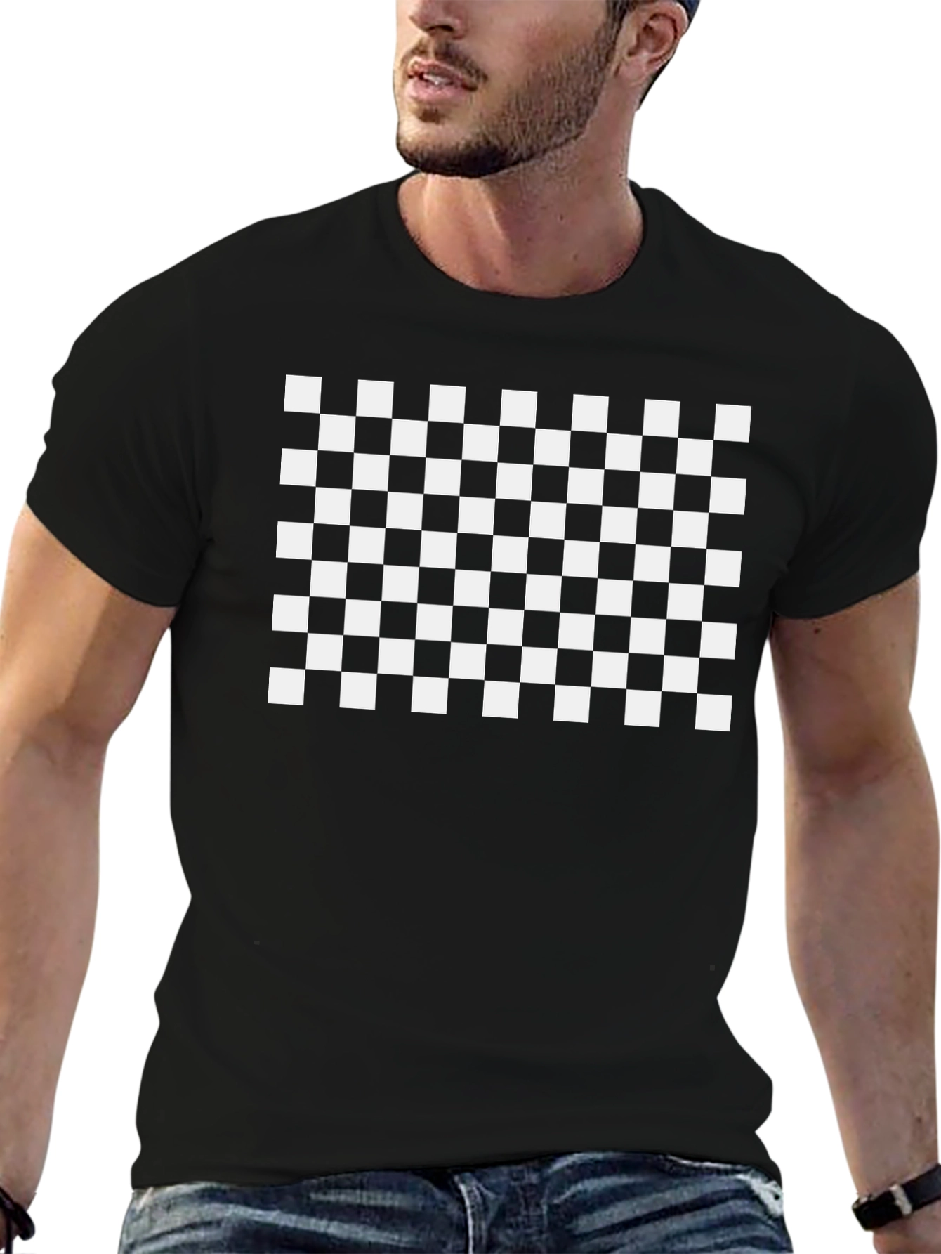 Checkered Graphic Tee - Black Cotton Blend Casual Shirt