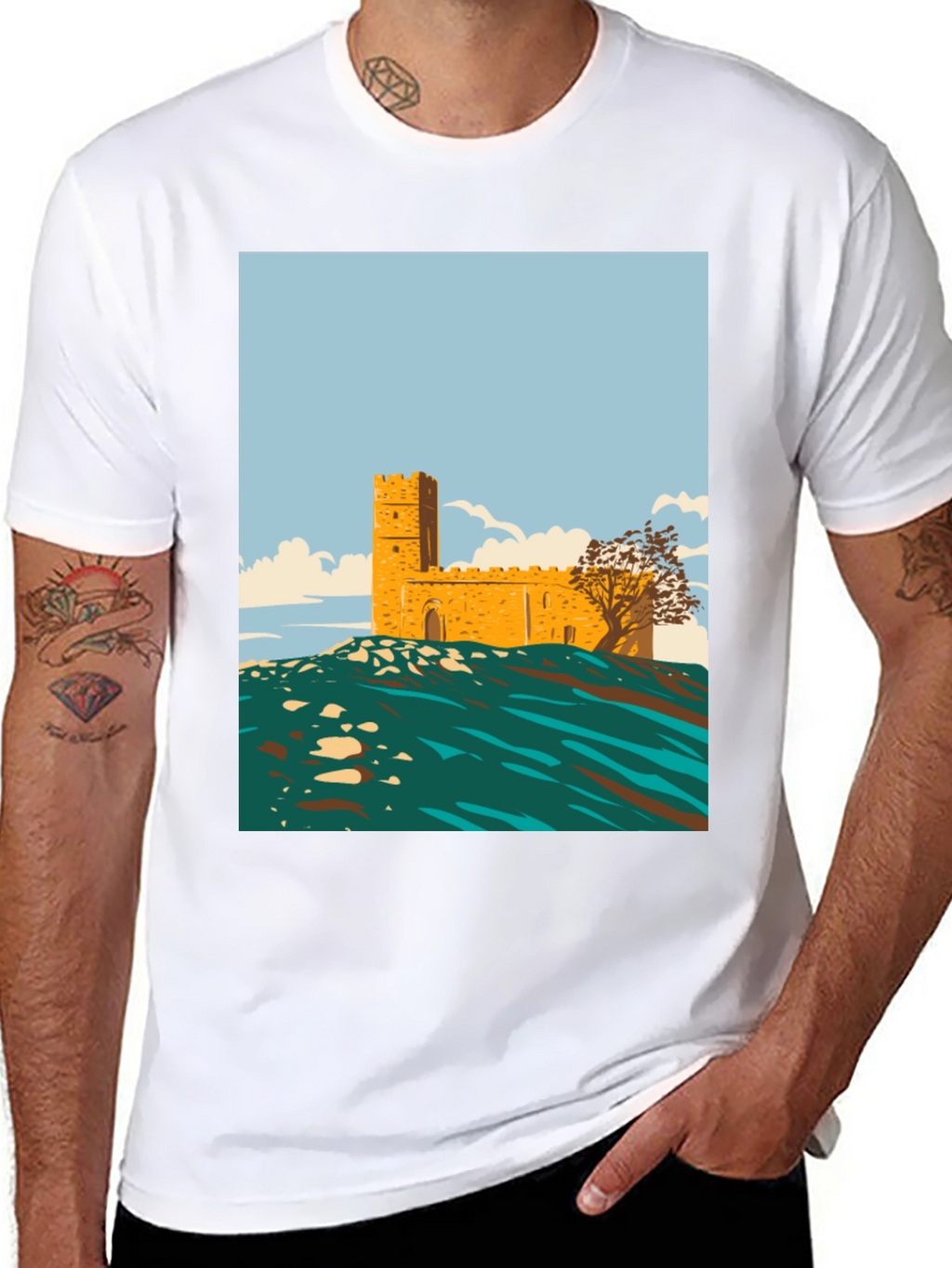Retro Castle Graphic Tee - Stylish Cotton Blend