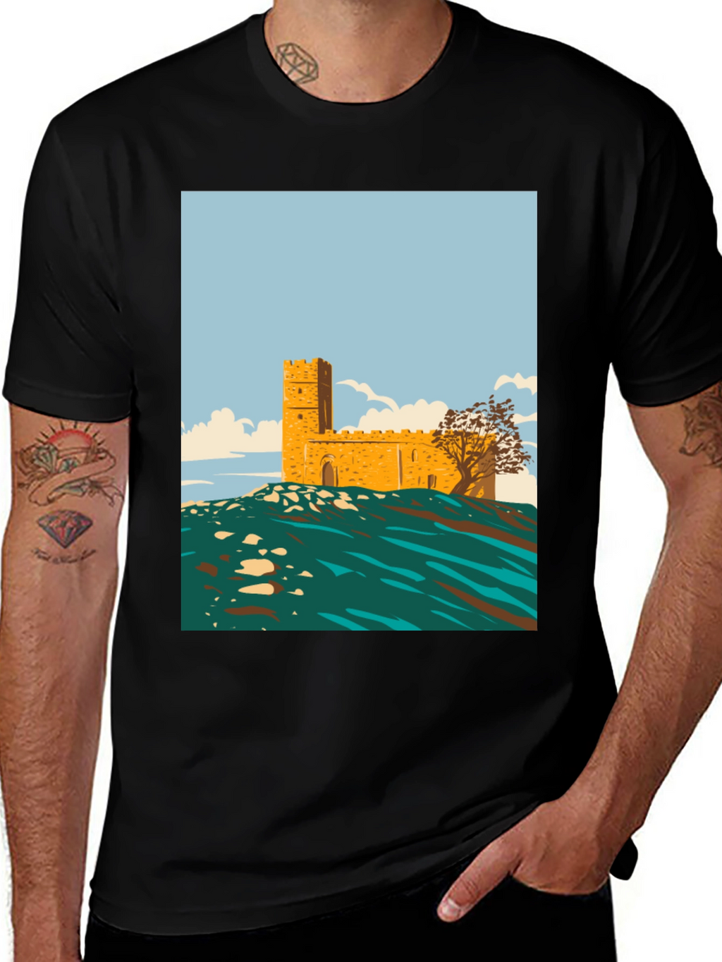 Retro Castle Graphic Tee - Stylish Cotton Blend