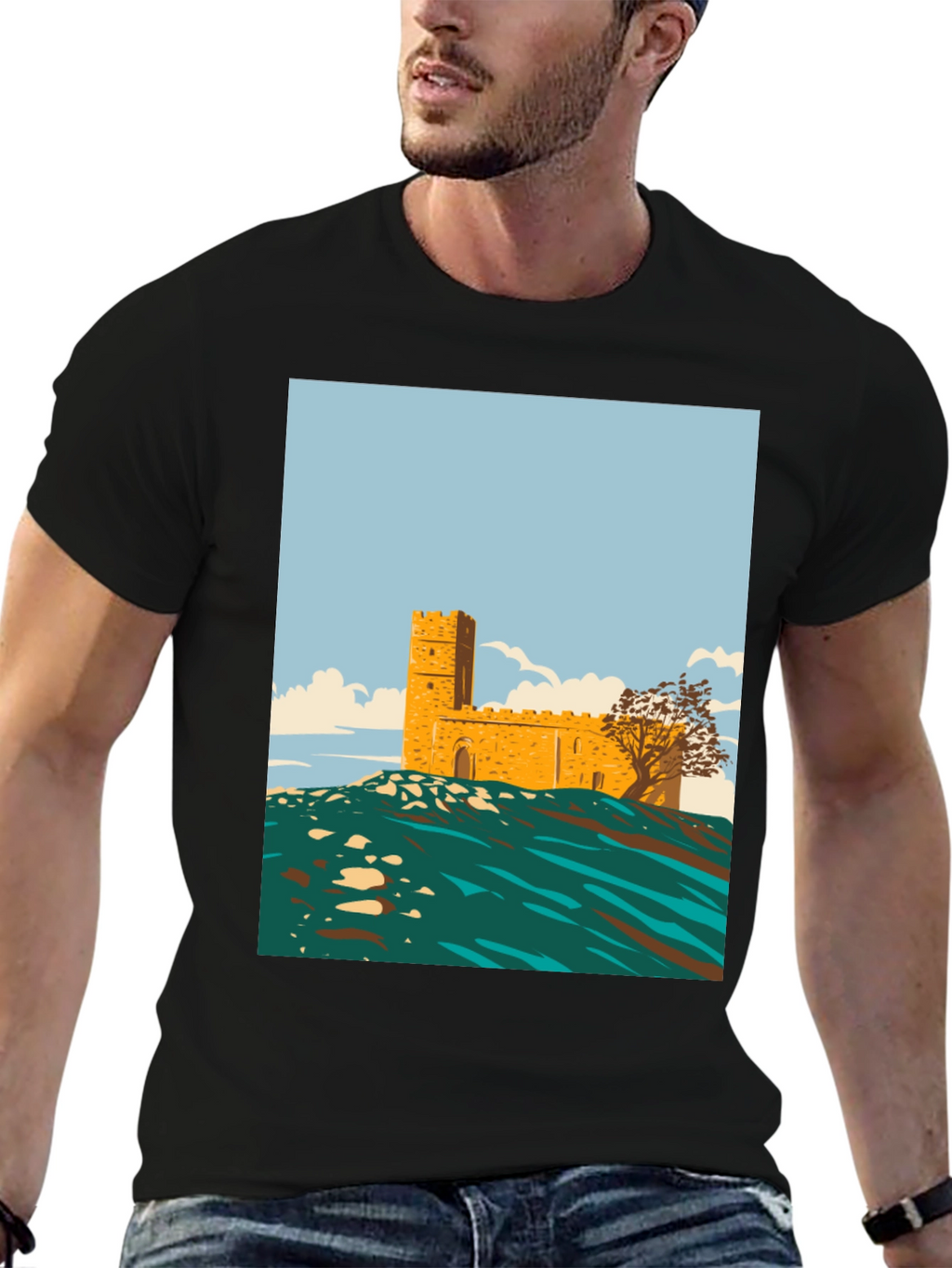 Retro Castle Graphic Tee - Stylish Cotton Blend