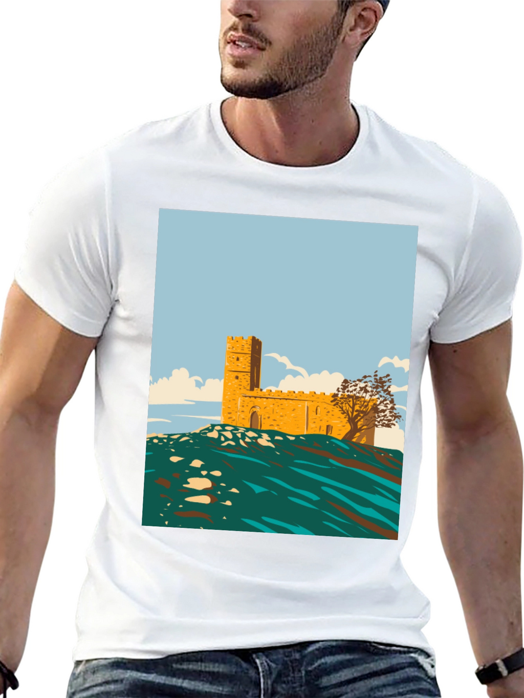 Retro Castle Graphic Tee - Stylish Cotton Blend
