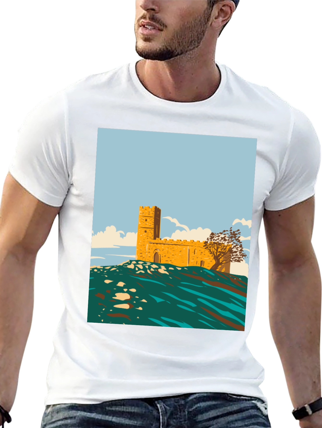 Retro Castle Graphic Tee - Stylish Cotton Blend