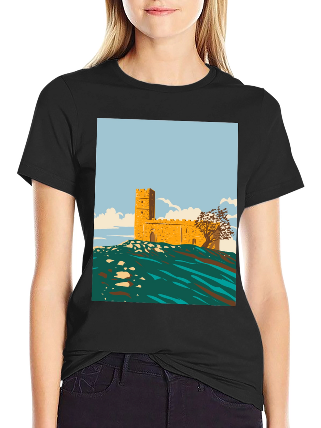 Retro Castle Graphic Tee - Stylish Cotton Blend