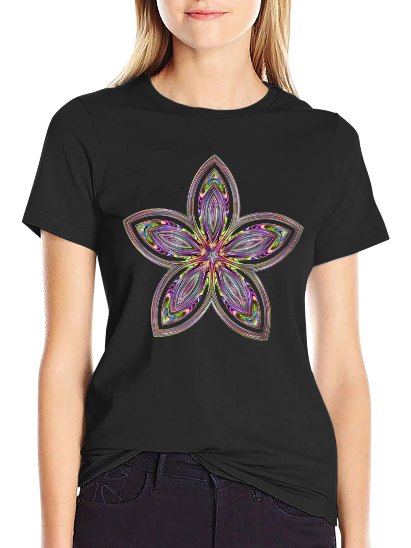 Abstract Flower Print Black T-Shirt