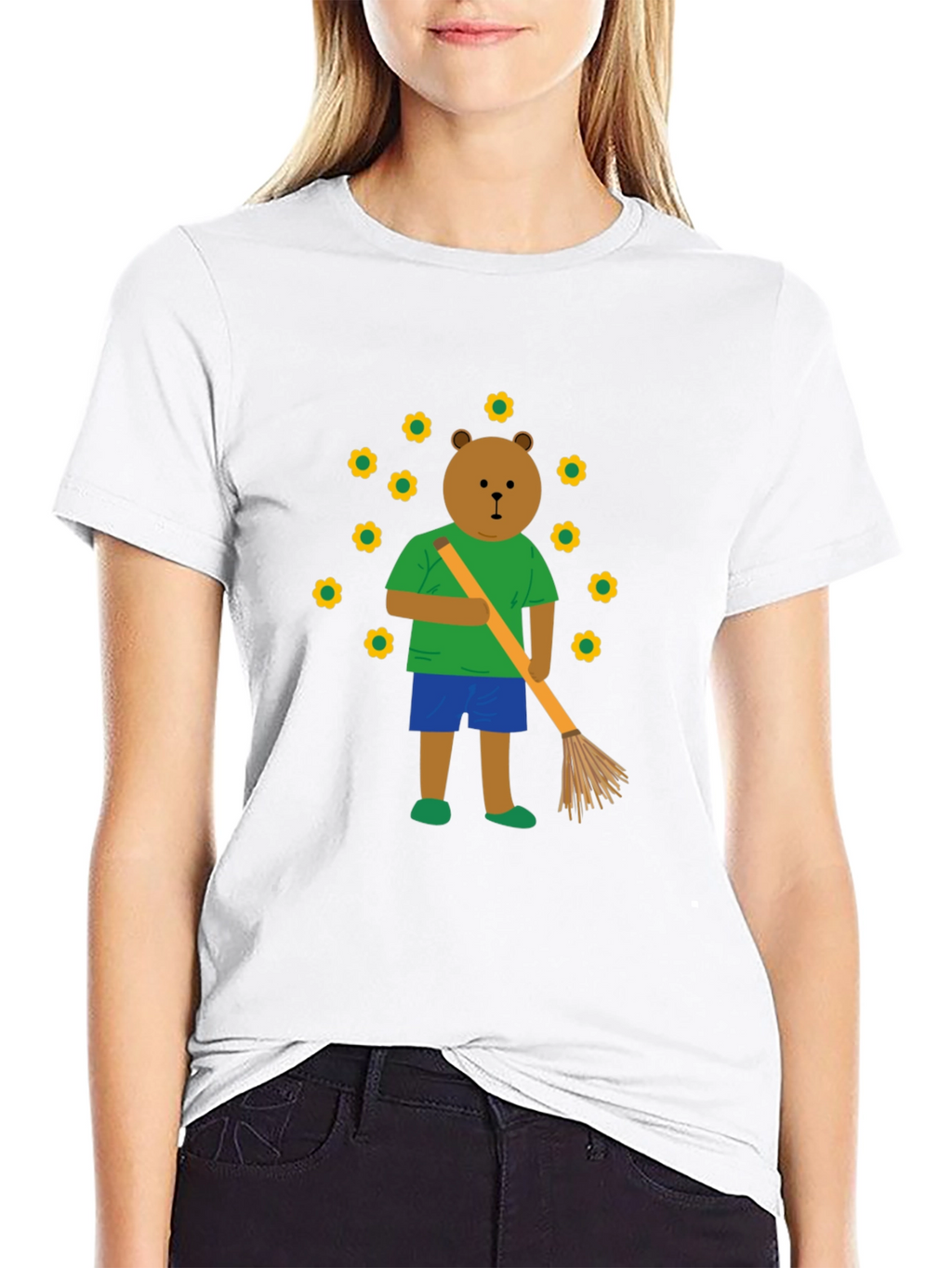 Bear Sweeping Flowers Graphic T-Shirt