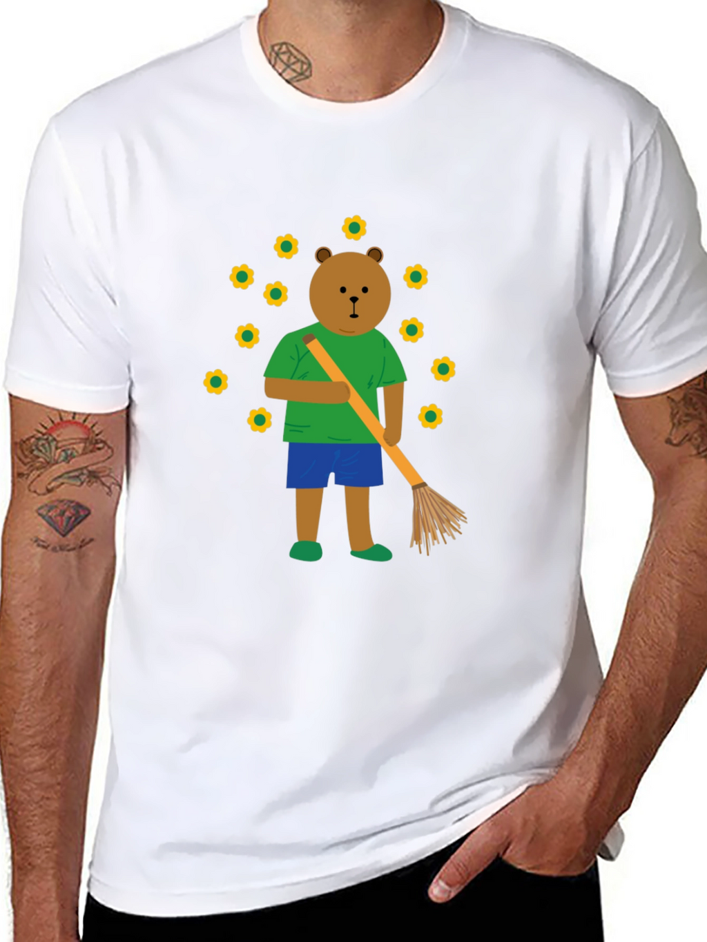 Bear Sweeping Flowers Graphic T-Shirt