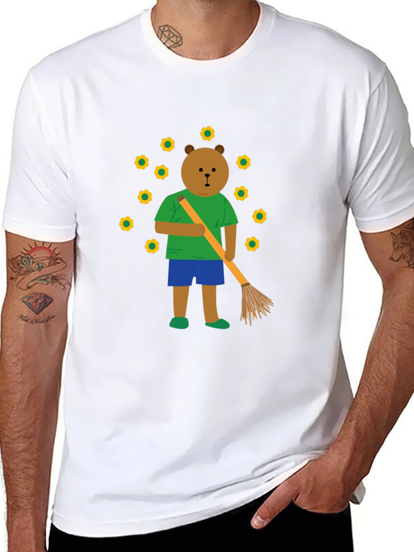 Bear Sweeping Flowers Graphic T-Shirt