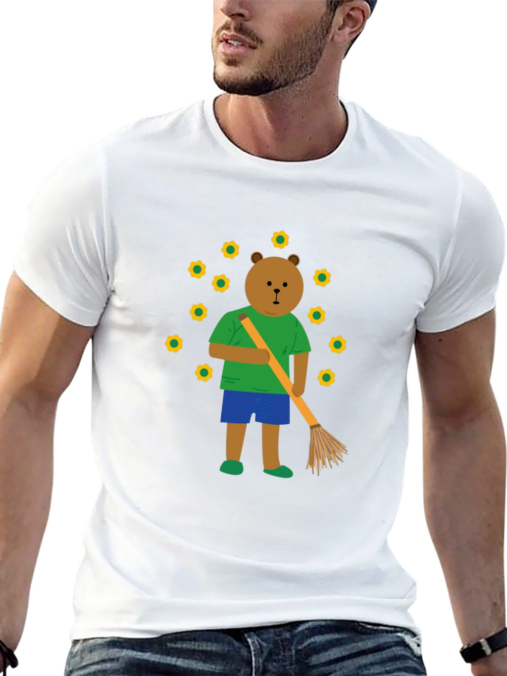 Bear Sweeping Flowers Graphic T-Shirt