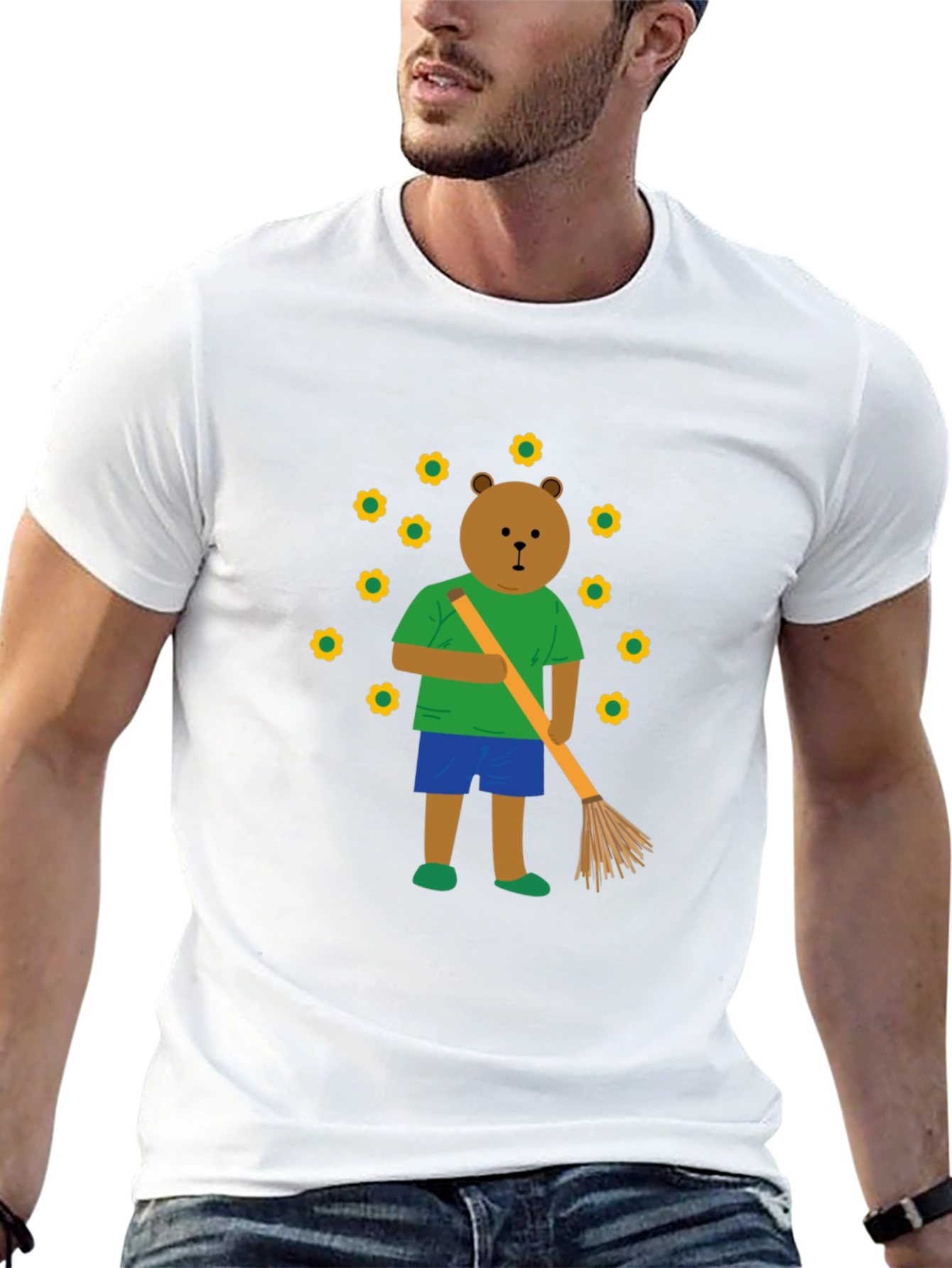 Bear Sweeping Flowers Graphic T-Shirt