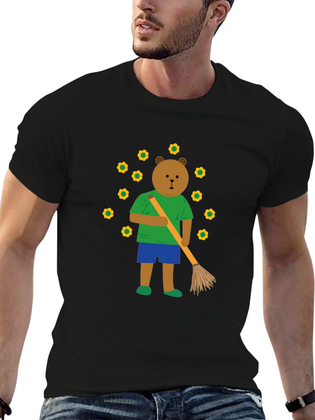 Bear Sweeping Flowers Graphic T-Shirt