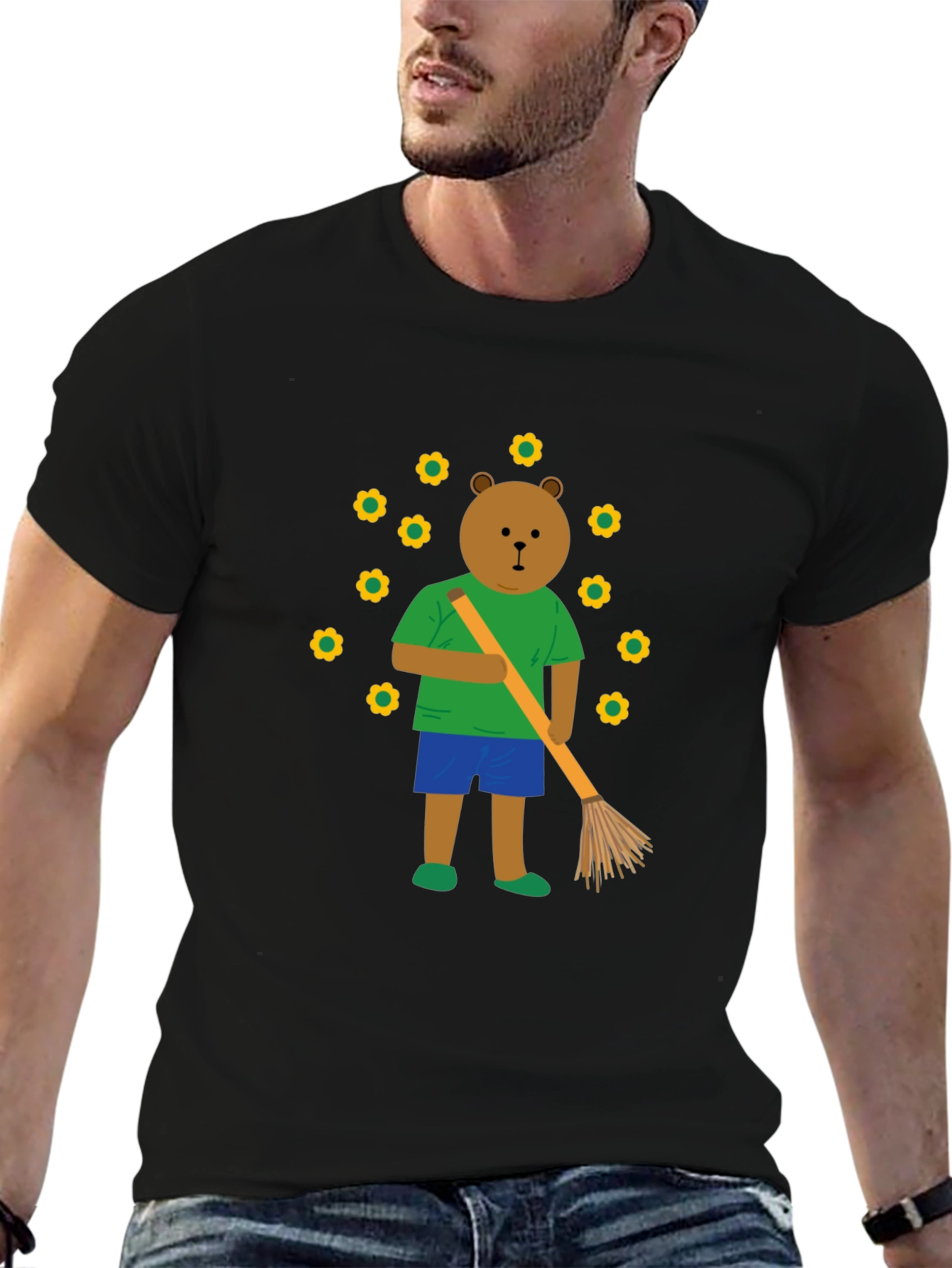 Bear Sweeping Flowers Graphic T-Shirt