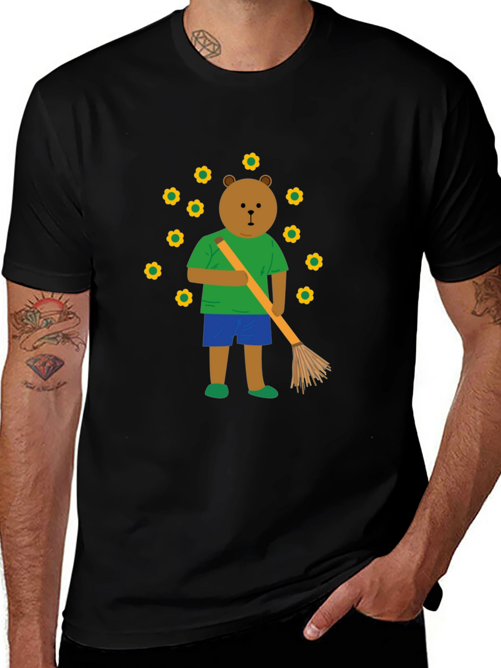 Bear Sweeping Flowers Graphic T-Shirt