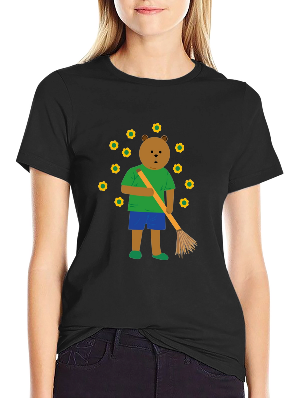 Bear Sweeping Flowers Graphic T-Shirt