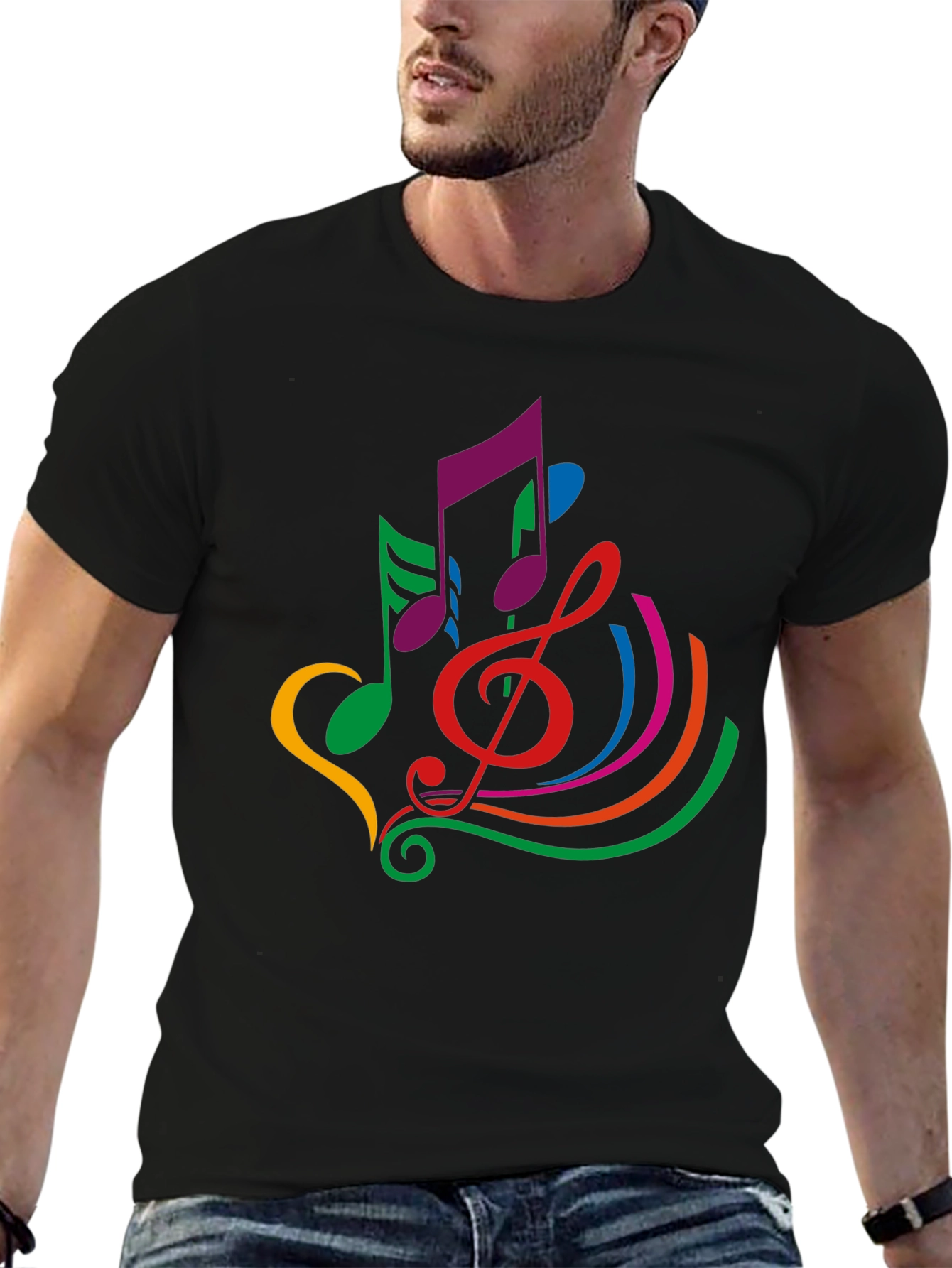 Colorful Musical Note Graphic Black T-Shirt