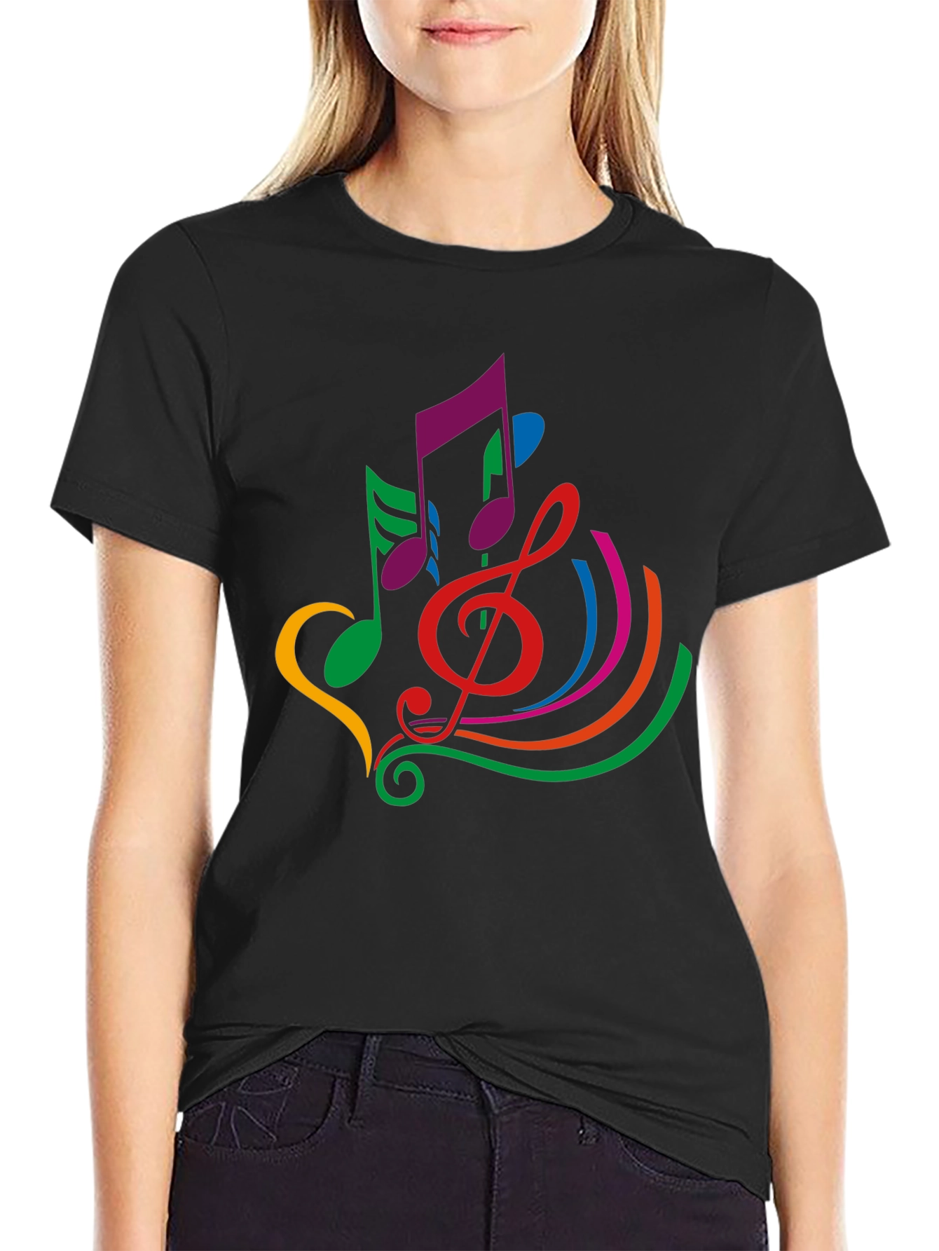Colorful Musical Note Graphic Black T-Shirt