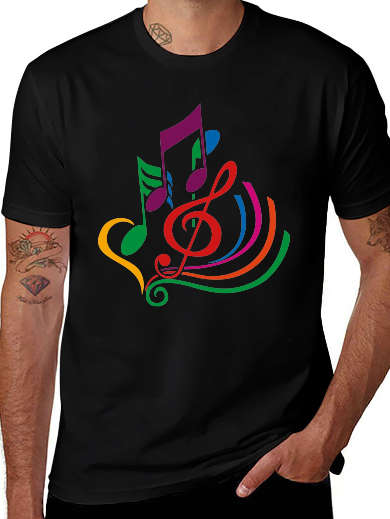Colorful Musical Note Graphic Black T-Shirt