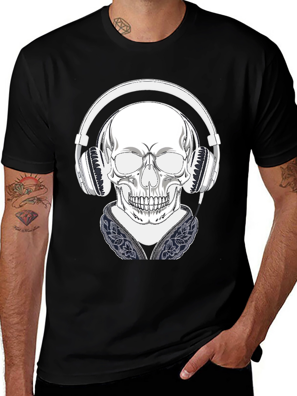 Skull with Headphones Graphic Tee - Black