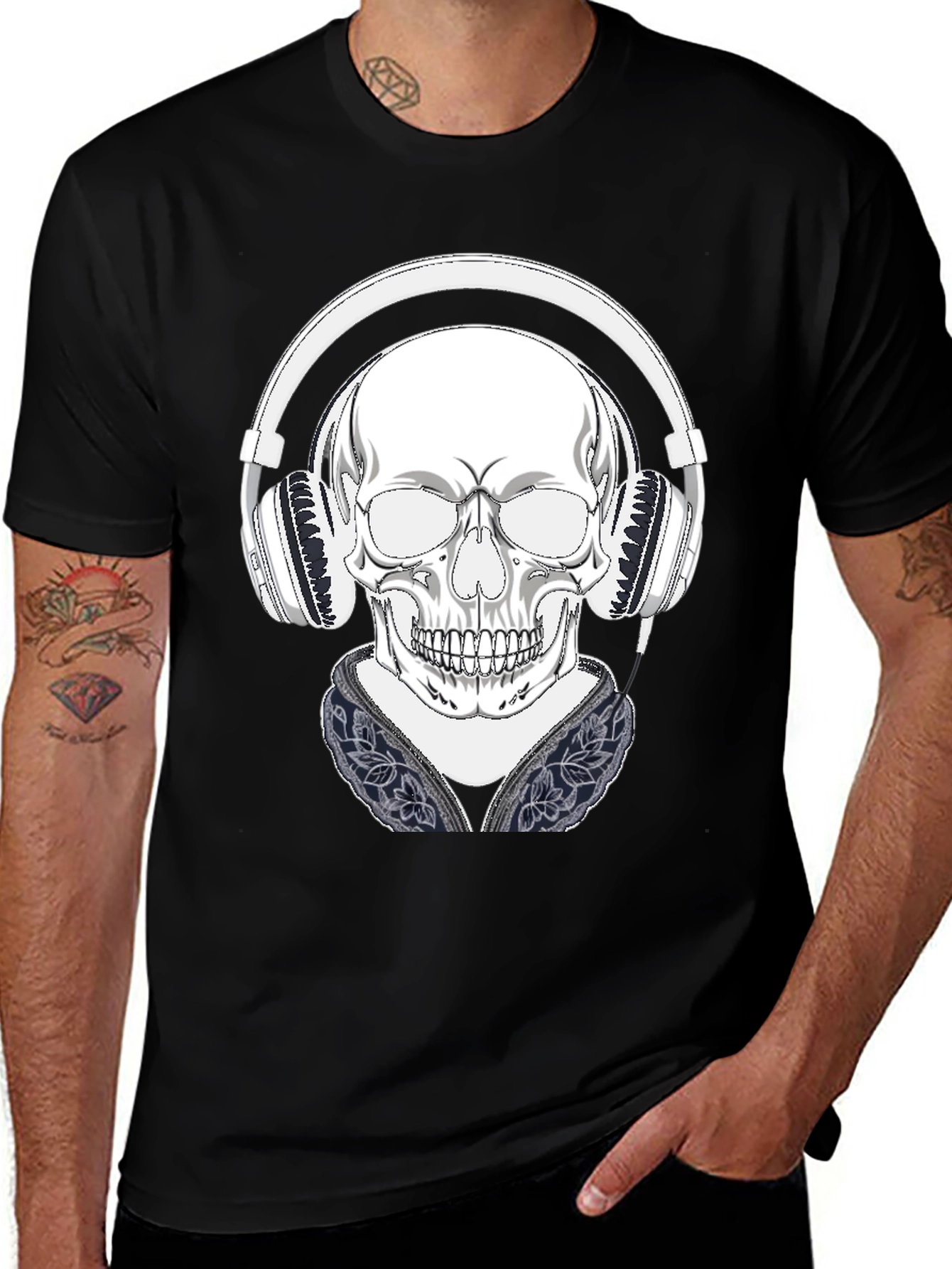 Skull with Headphones Graphic Tee - Black