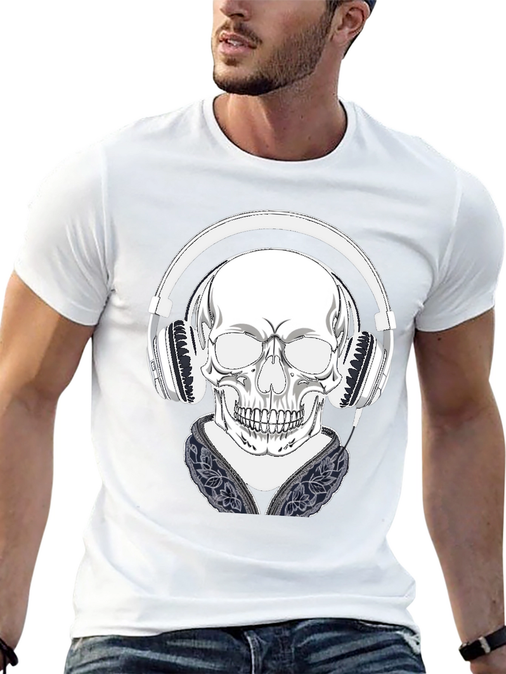 Skull with Headphones Graphic Tee - Black