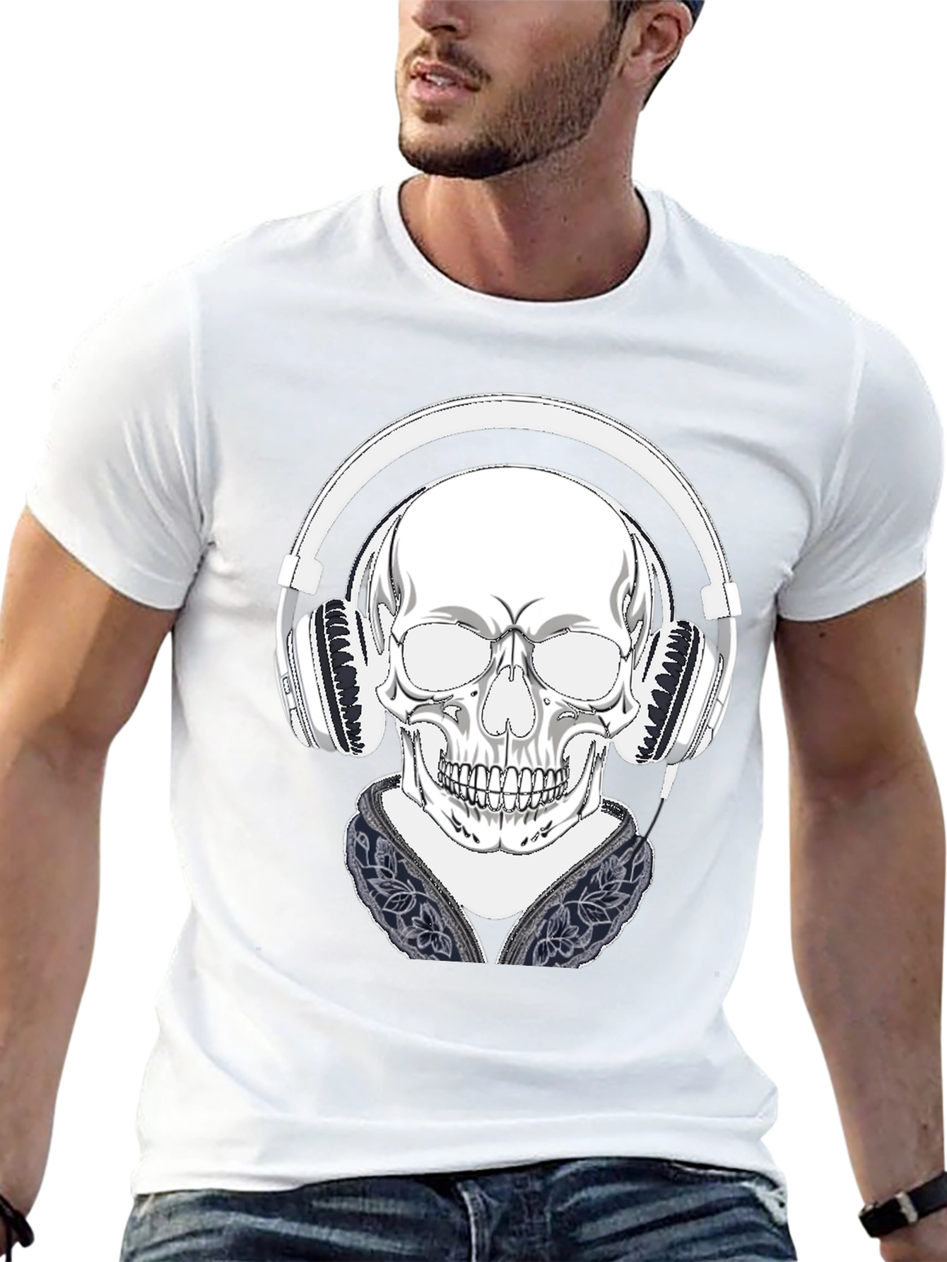 Skull with Headphones Graphic Tee - Black