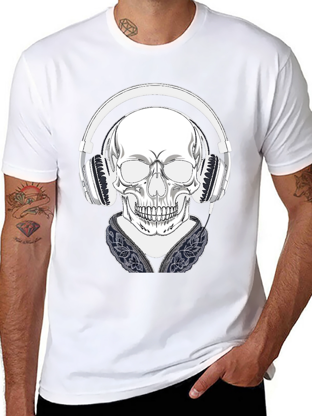 Skull with Headphones Graphic Tee - Black