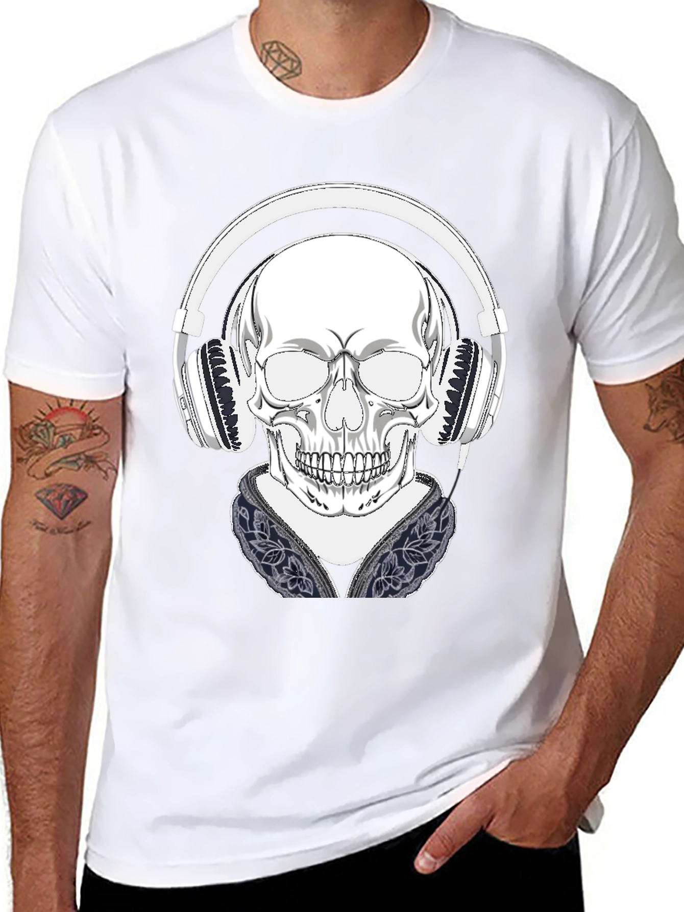 Skull with Headphones Graphic Tee - Black