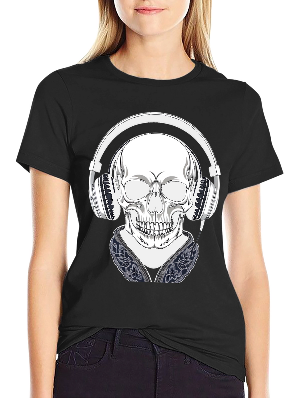 Skull with Headphones Graphic Tee - Black