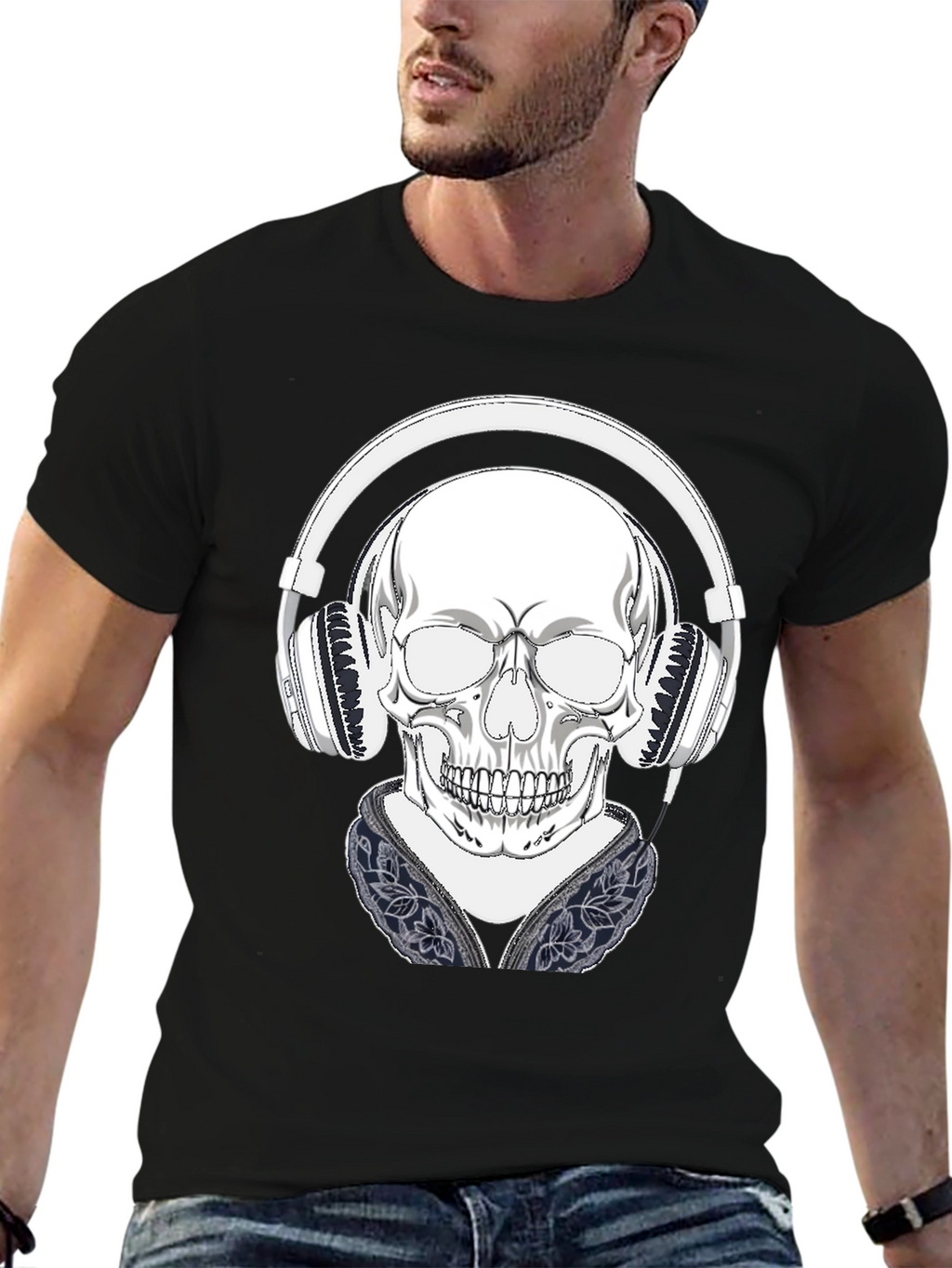 Skull with Headphones Graphic Tee - Black