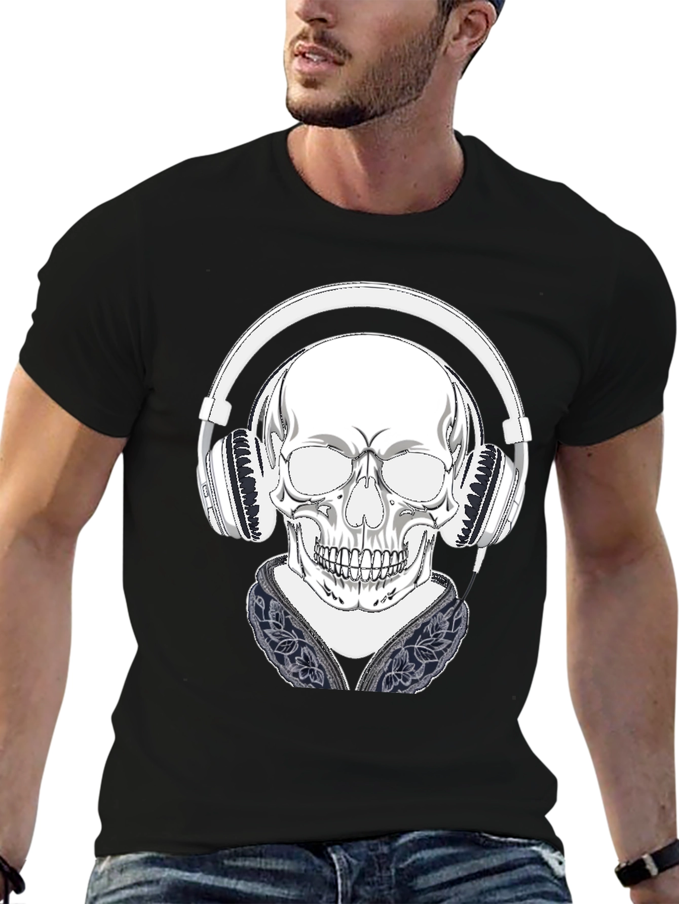 Skull with Headphones Graphic Tee - Black