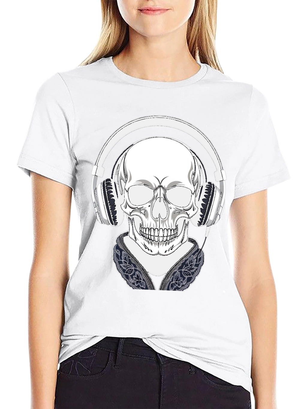 Skull with Headphones Graphic Tee - Black