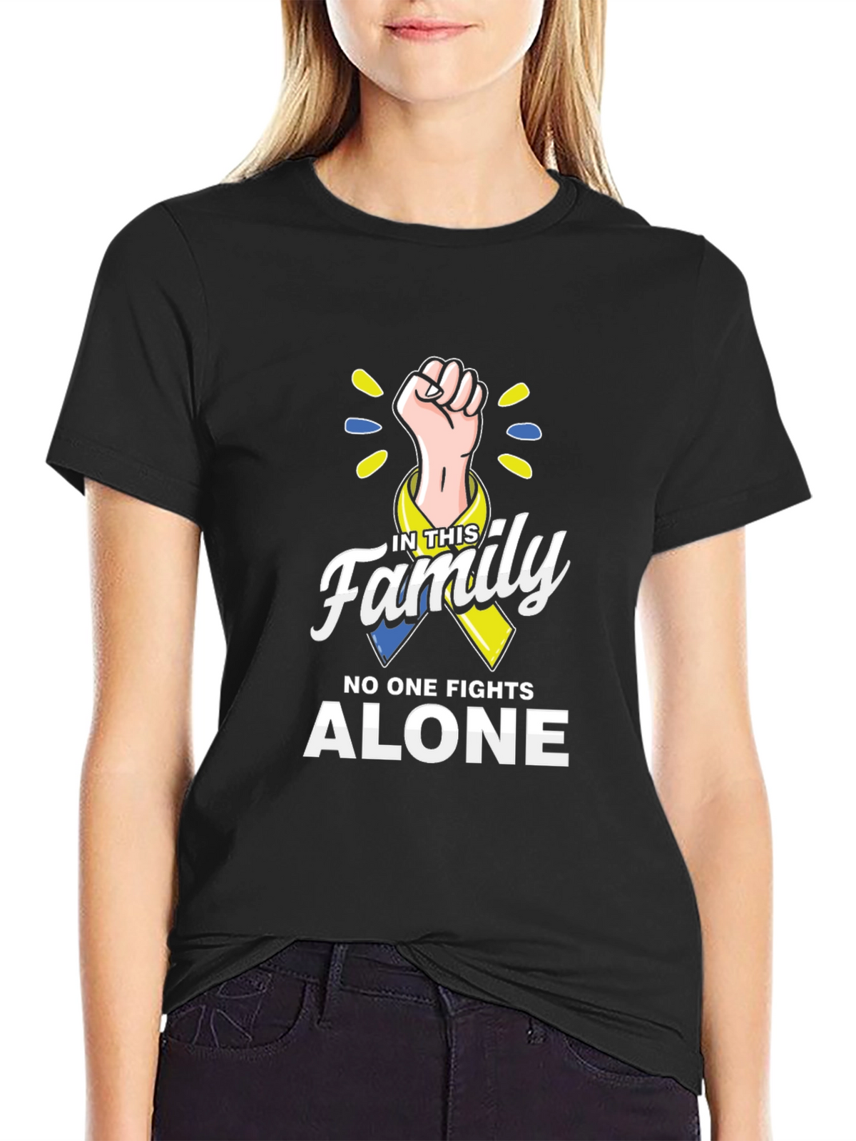 In This Family No One Fights Alone Down Syndrome Awareness T-Shirt