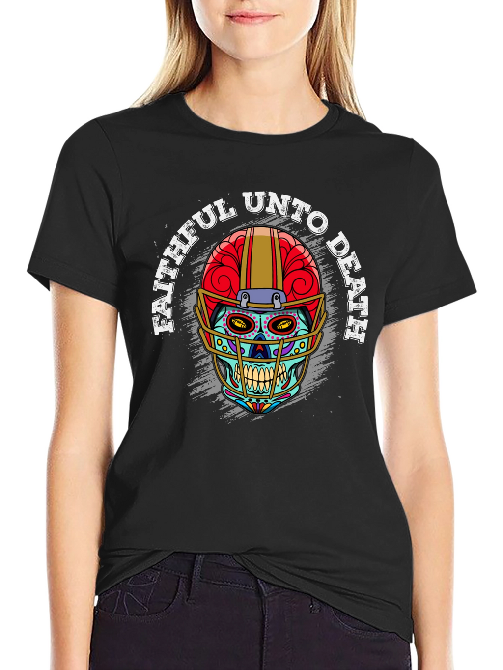 Faithful Unto Death Sugar Skull Football Helmet T-Shirt