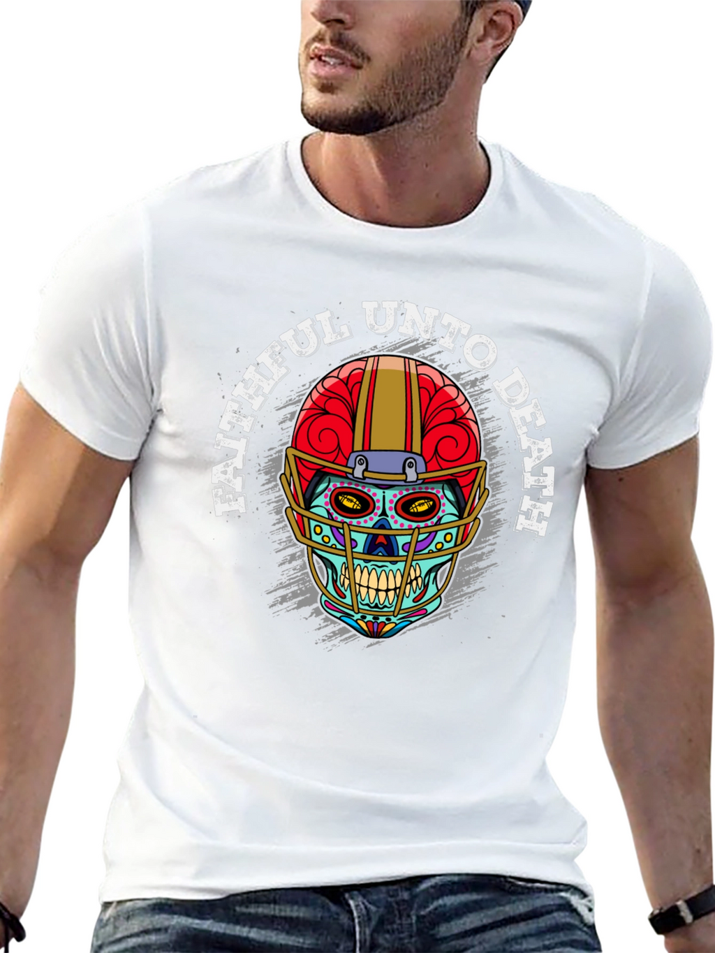 Faithful Unto Death Sugar Skull Football Helmet T-Shirt