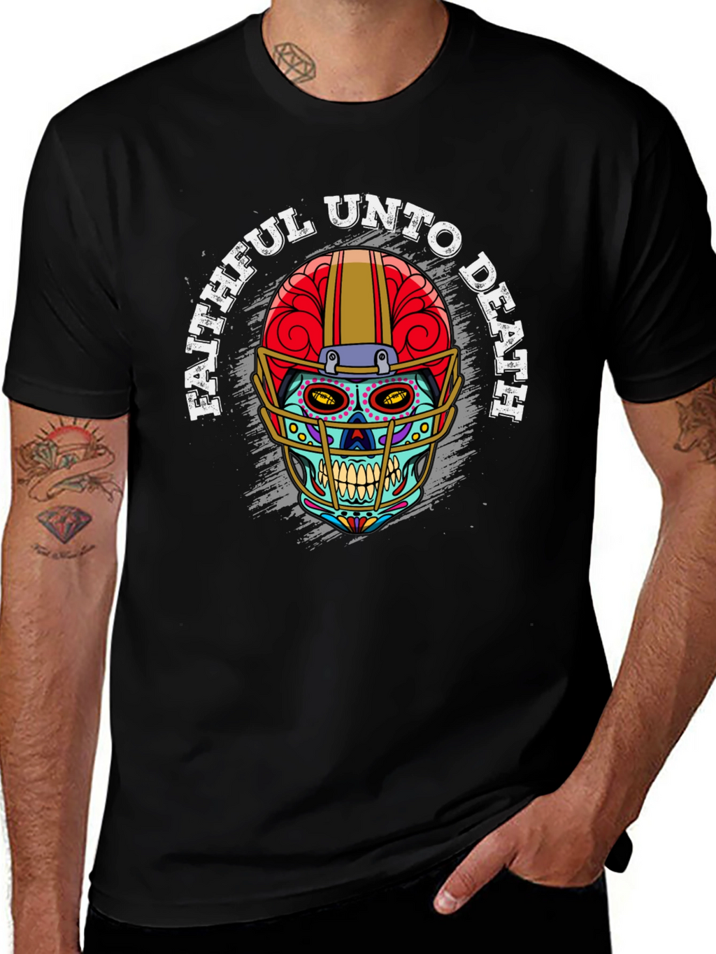 Faithful Unto Death Sugar Skull Football Helmet T-Shirt
