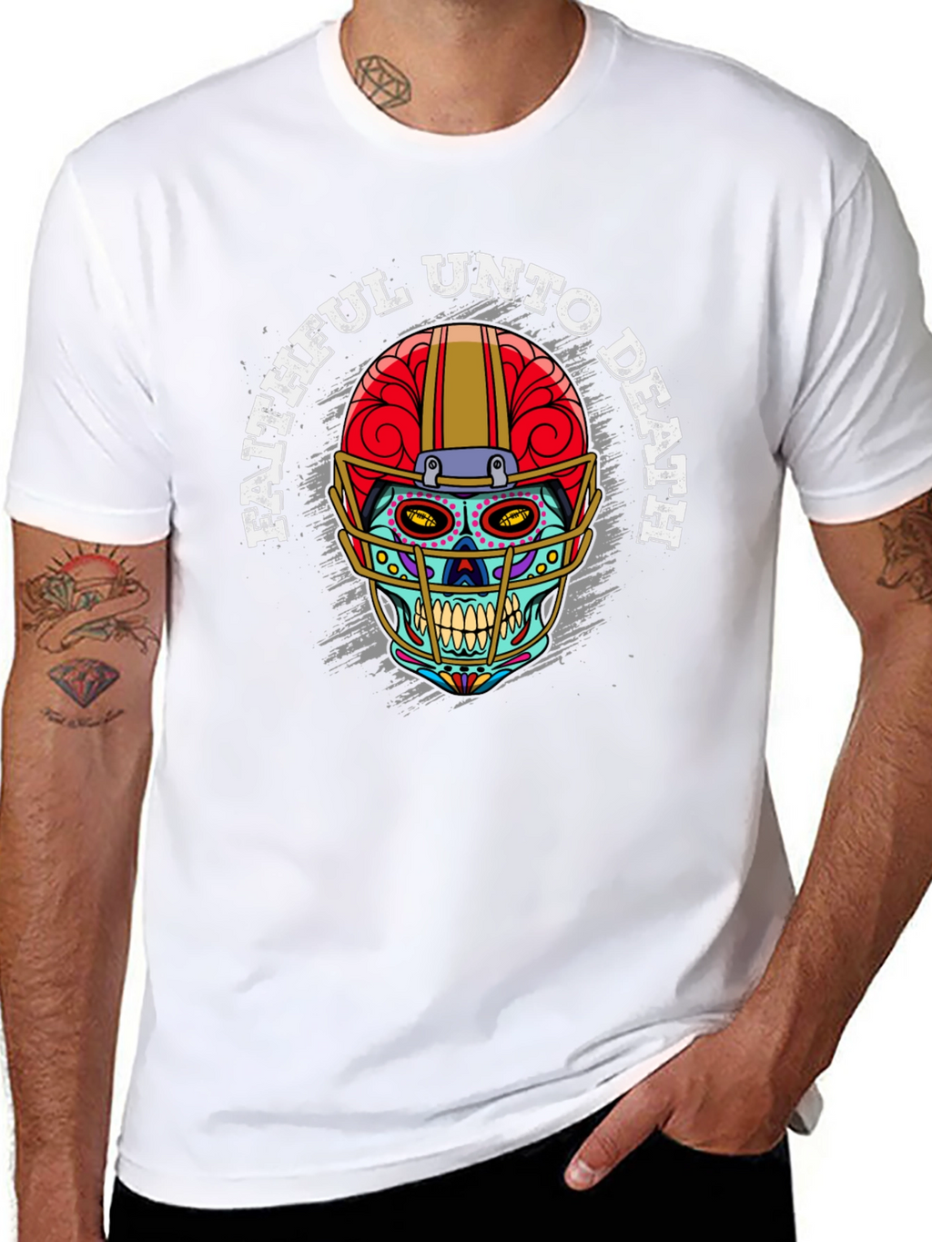 Faithful Unto Death Sugar Skull Football Helmet T-Shirt