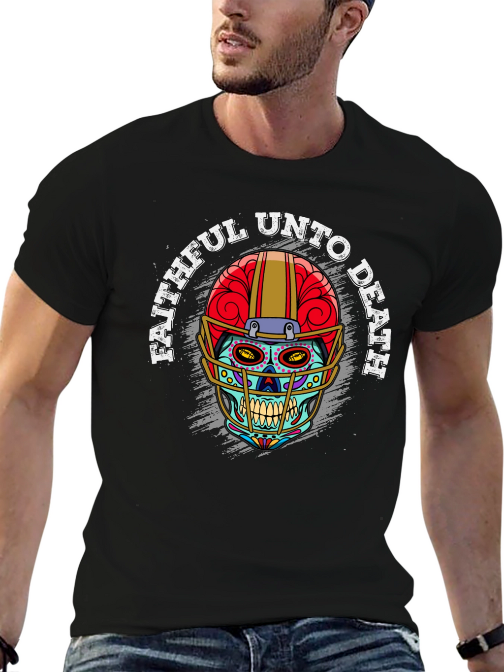 Faithful Unto Death Sugar Skull Football Helmet T-Shirt