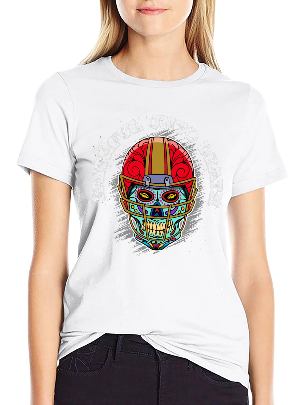 Faithful Unto Death Sugar Skull Football Helmet T-Shirt
