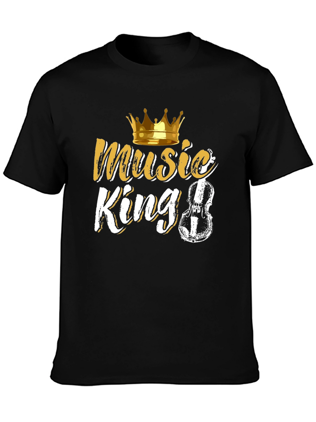 Music King Black T-Shirt with Crown and Violin Design