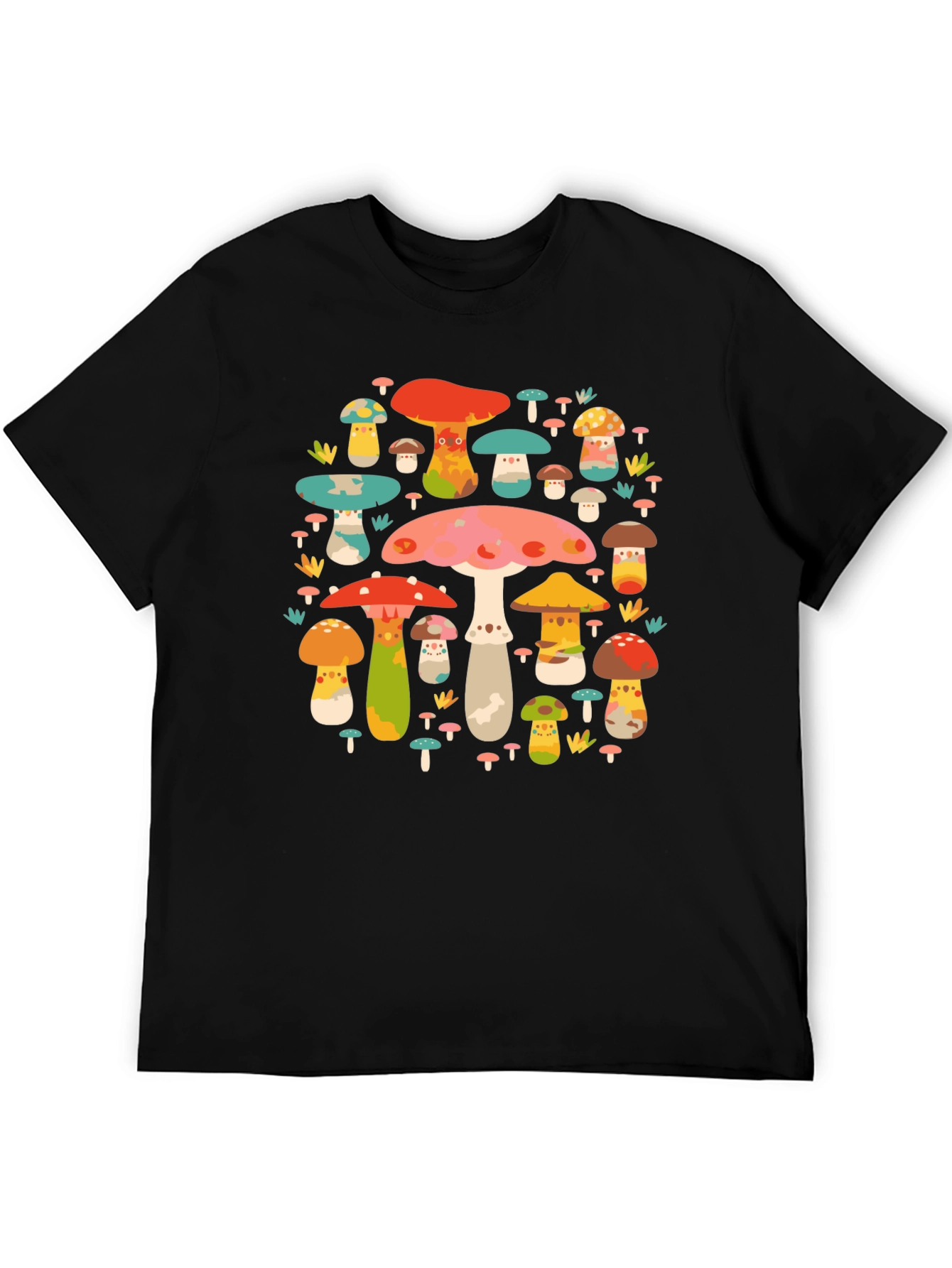 Mushroom Print Black T-Shirt - Funky Nature Design